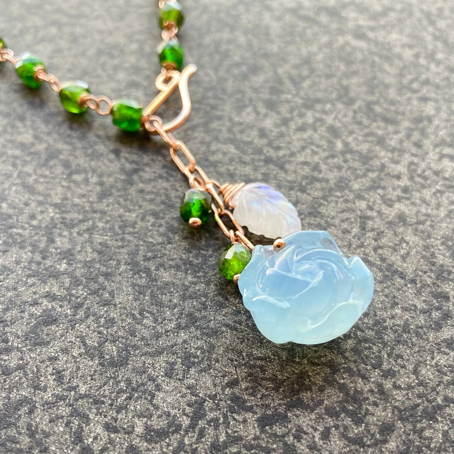 Aquamarine, Chrome Diopside & Rose Gold Lariat Necklace