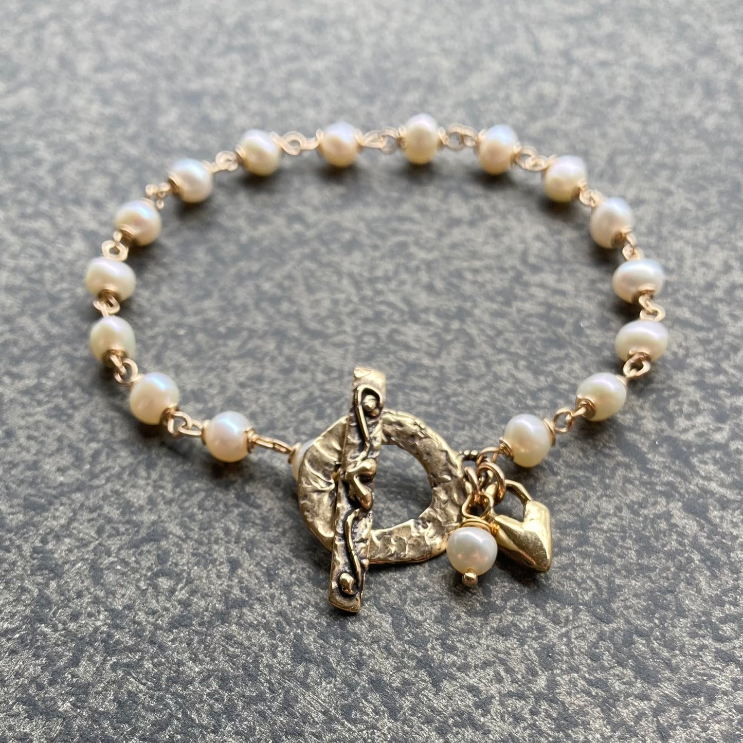 Freshwater Pearl, Gold & Bronze Heart Toggle Charm Bracelet
