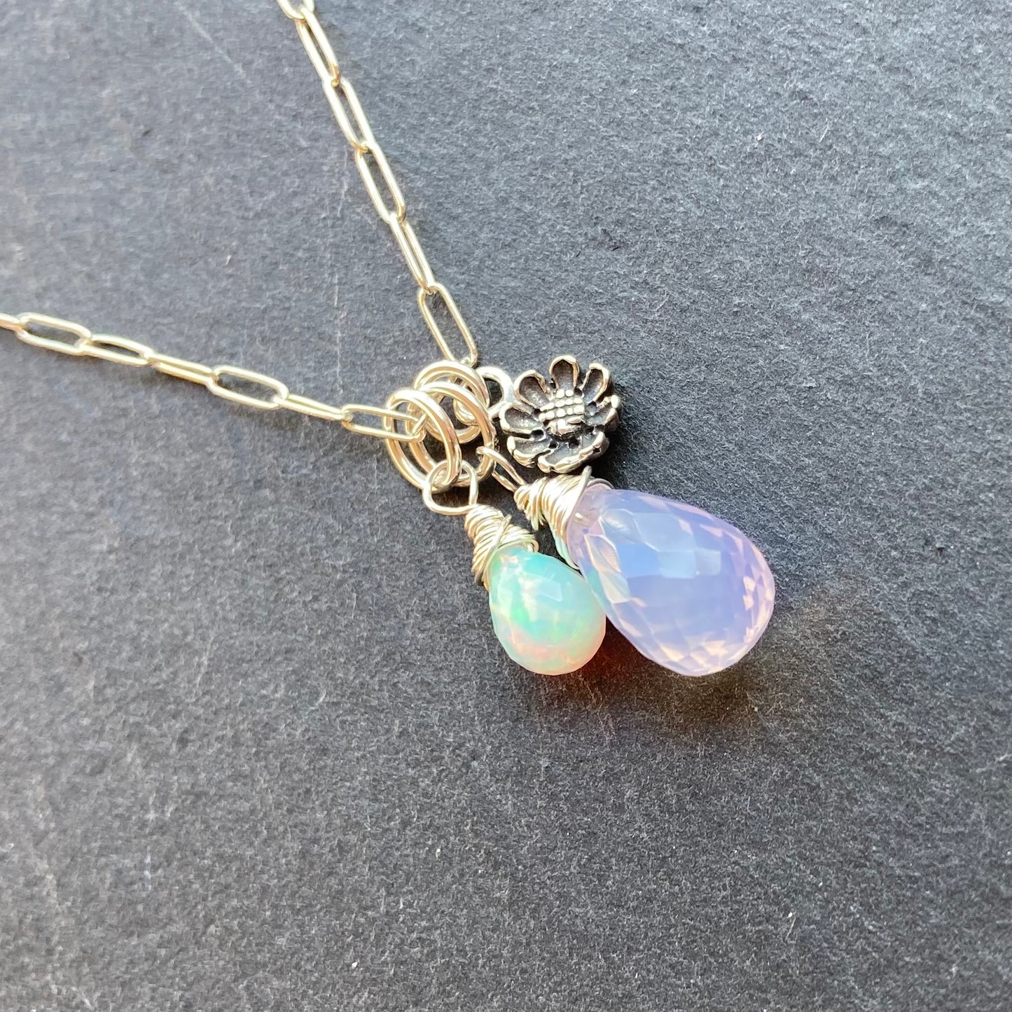 Scorolite, Ethiopian Opal & Sterling Silver Cherry Blossom Charm Necklace