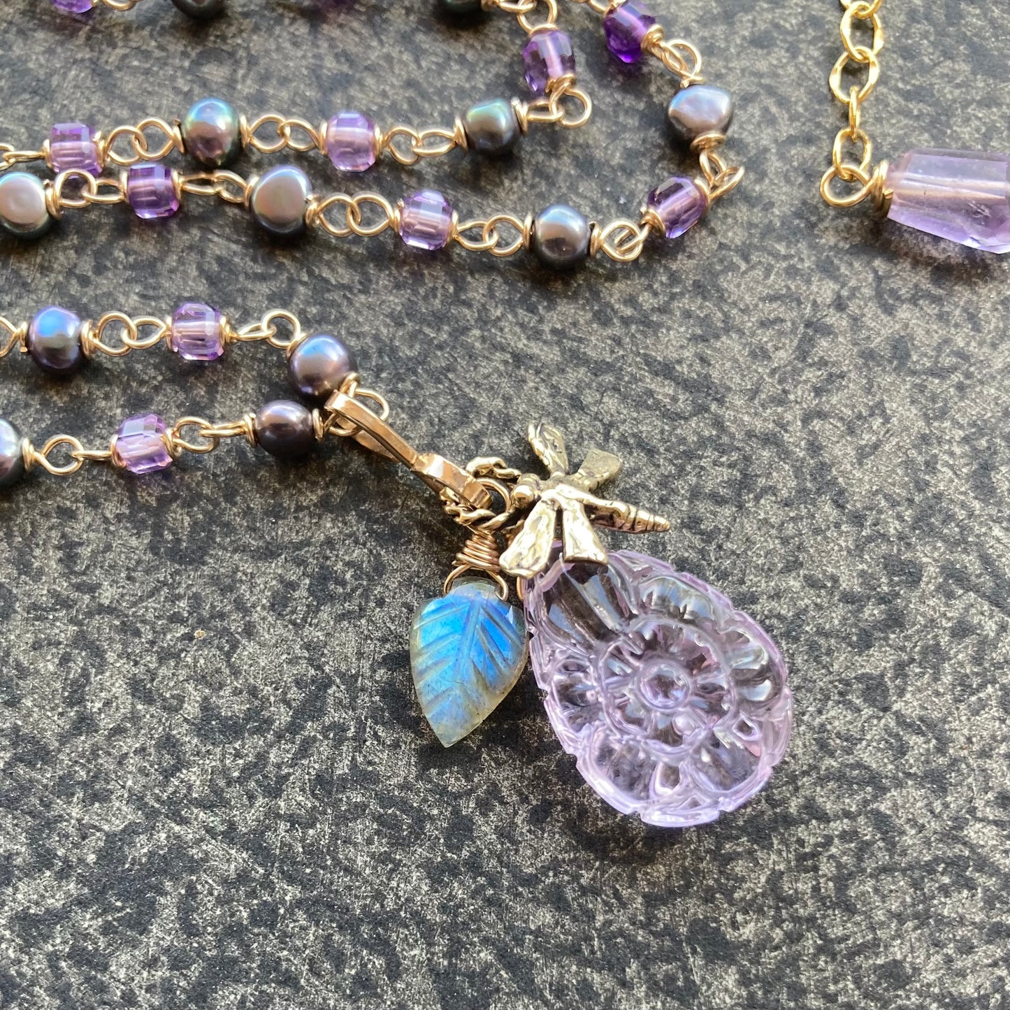 Amethyst, Freshwater Peacock Pearl & Gold Dragonfly Charm Necklace