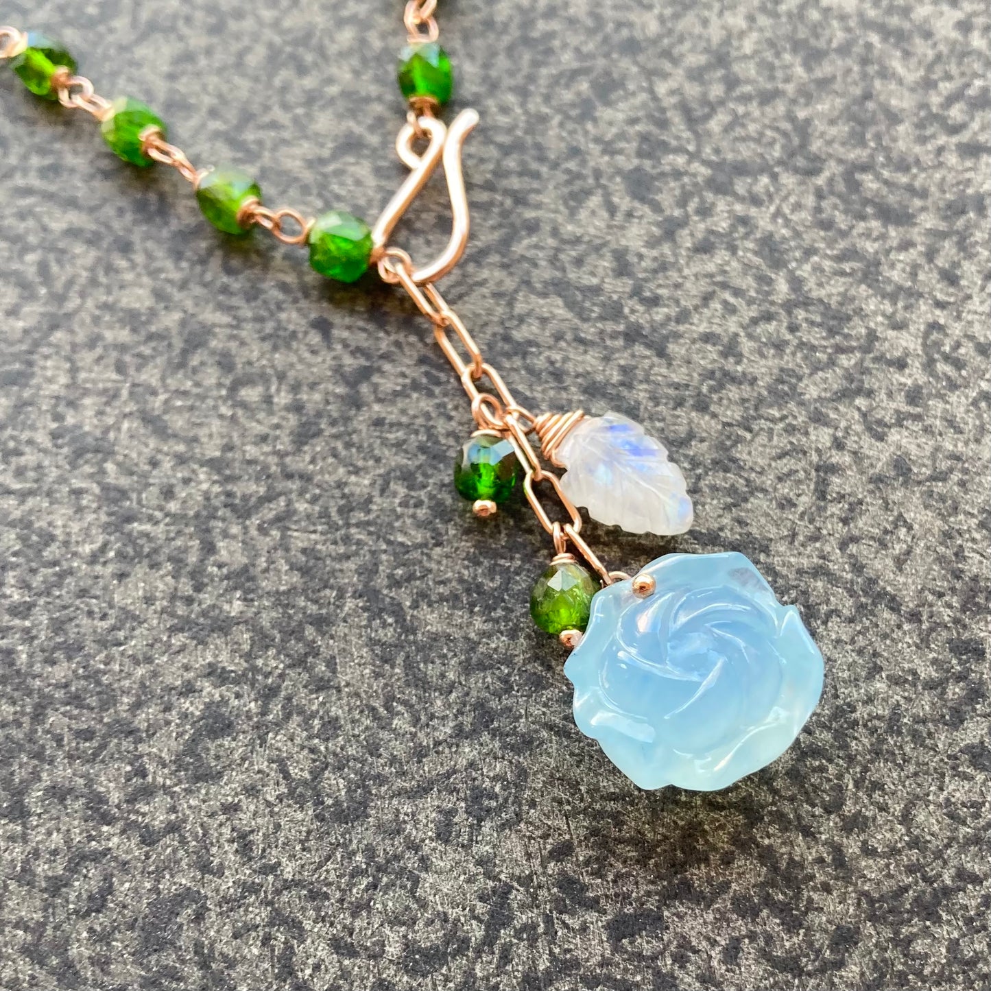 Aquamarine, Chrome Diopside & Rose Gold Lariat Necklace