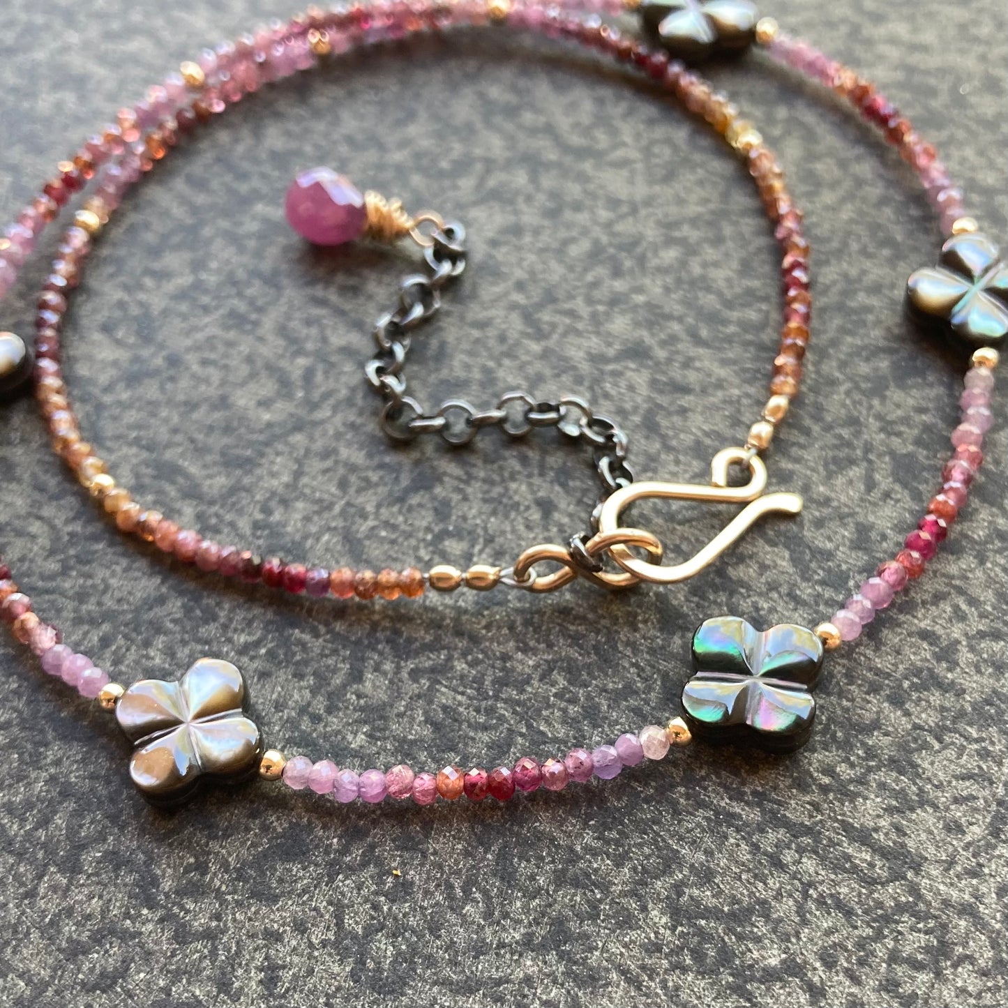 Black Mother of Pearl, Natural Ruby & Mixed Metal Clover Choker