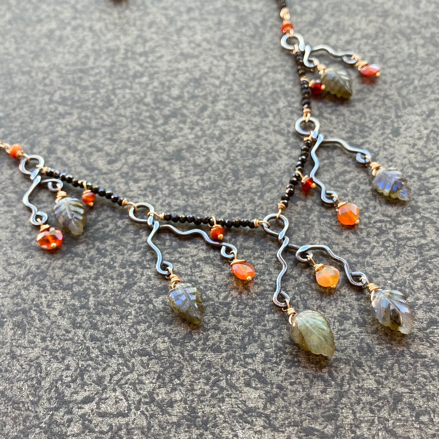 “Embers” Black Tourmaline, Fire Opal, Labradorite & Mixed Metal Necklace