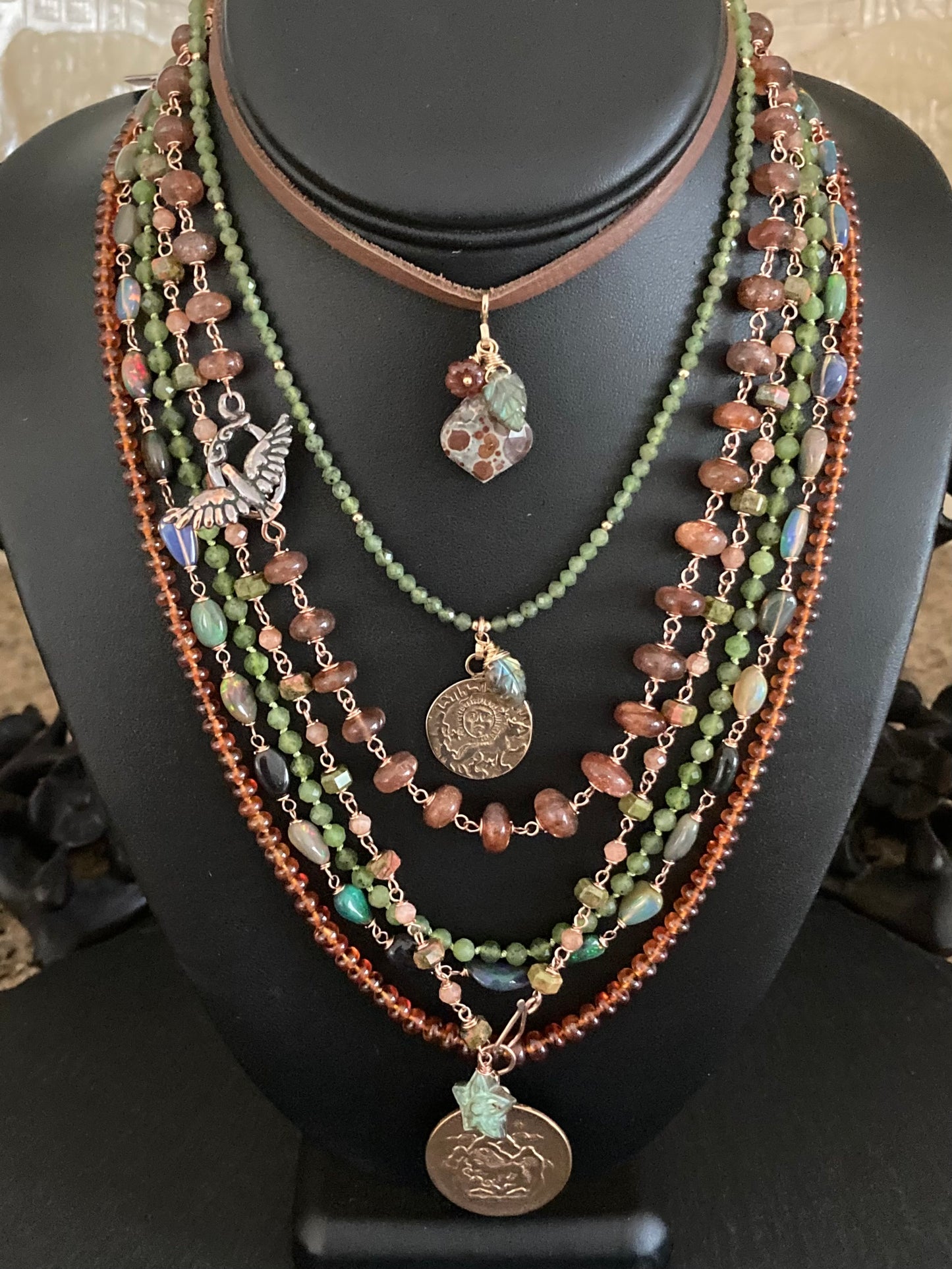 Asteroid Jasper, Hessonite Garnet & Gold Autumn Harvest Deertan Leather Choker