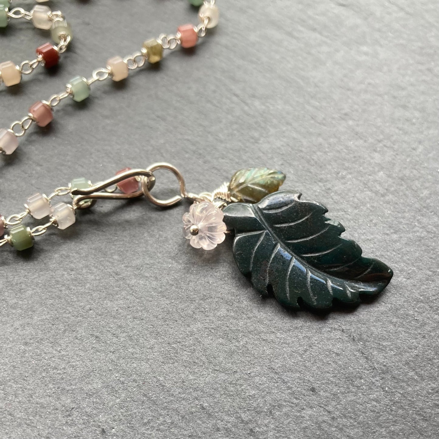 Yanyuan Agate, Sterling Silver & Indian Agate Winter Leaf Charm Necklace