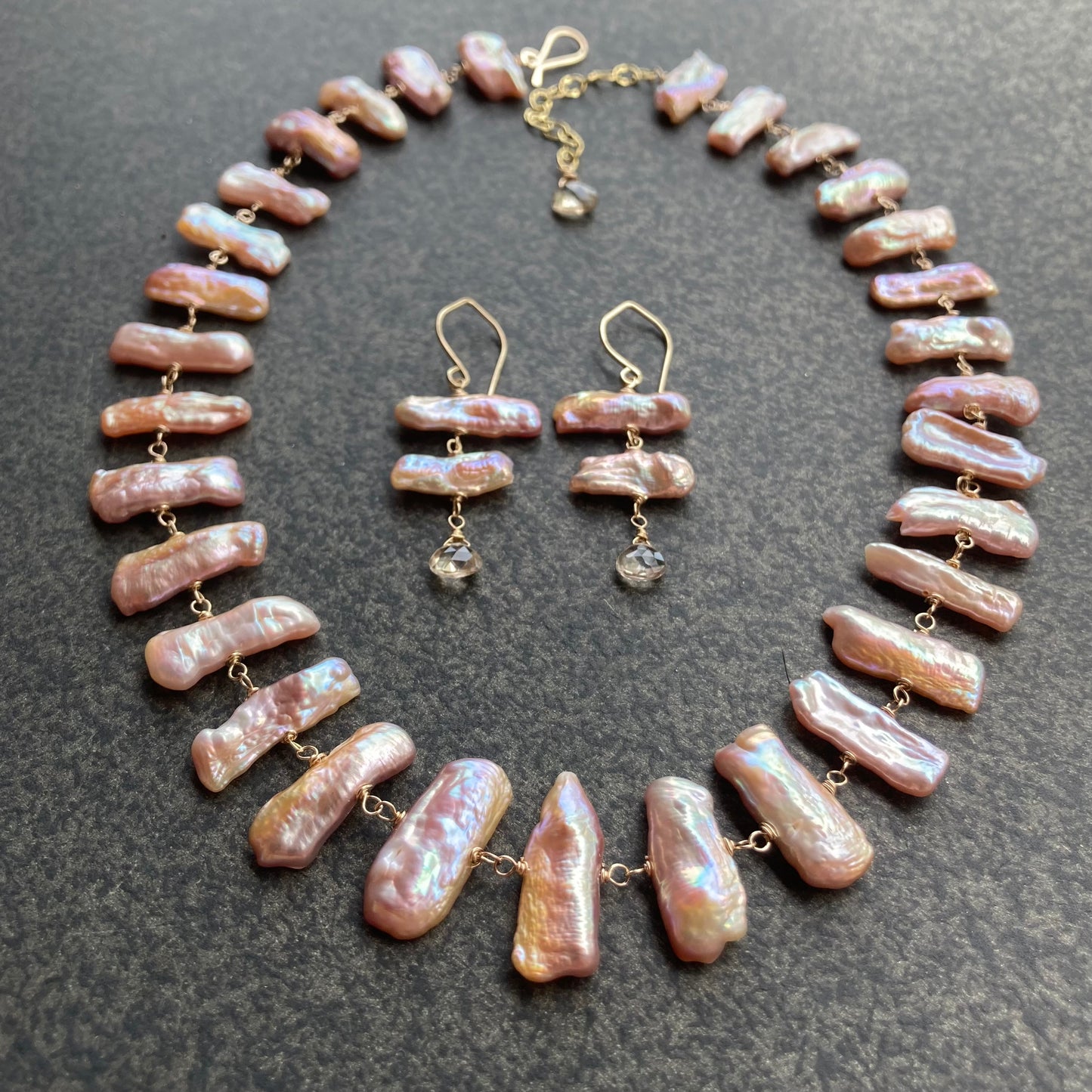 Angel Pink Biwa Pearl, Imperial Topaz & Gold Earrings