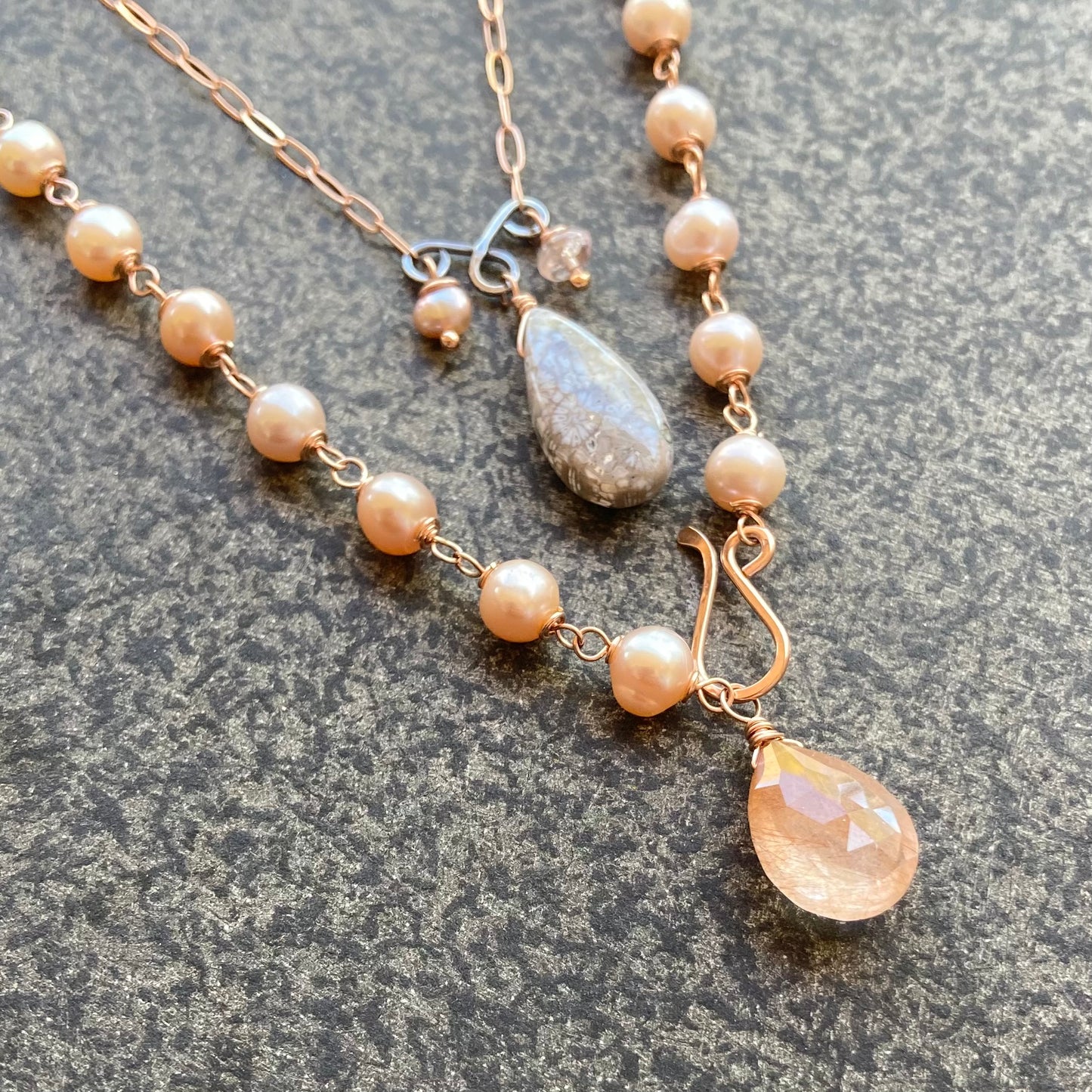 Pink Freshwater Pearl, Rose Gold & Copper Rutilated Quartz Convertible Pendant Necklace