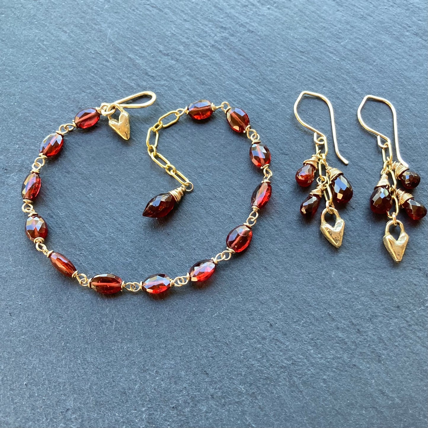 Mozambique Garnet, Gold & Bronze Heart Cascade Earrings