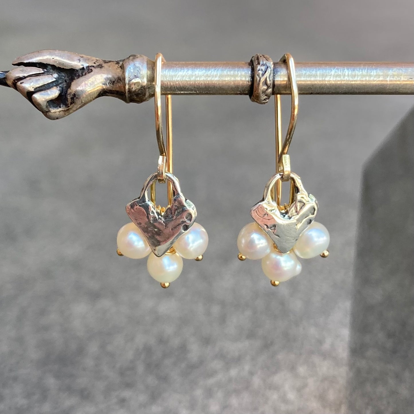 Freshwater Pearl, Gold & Sterling Silver Heart Earrings
