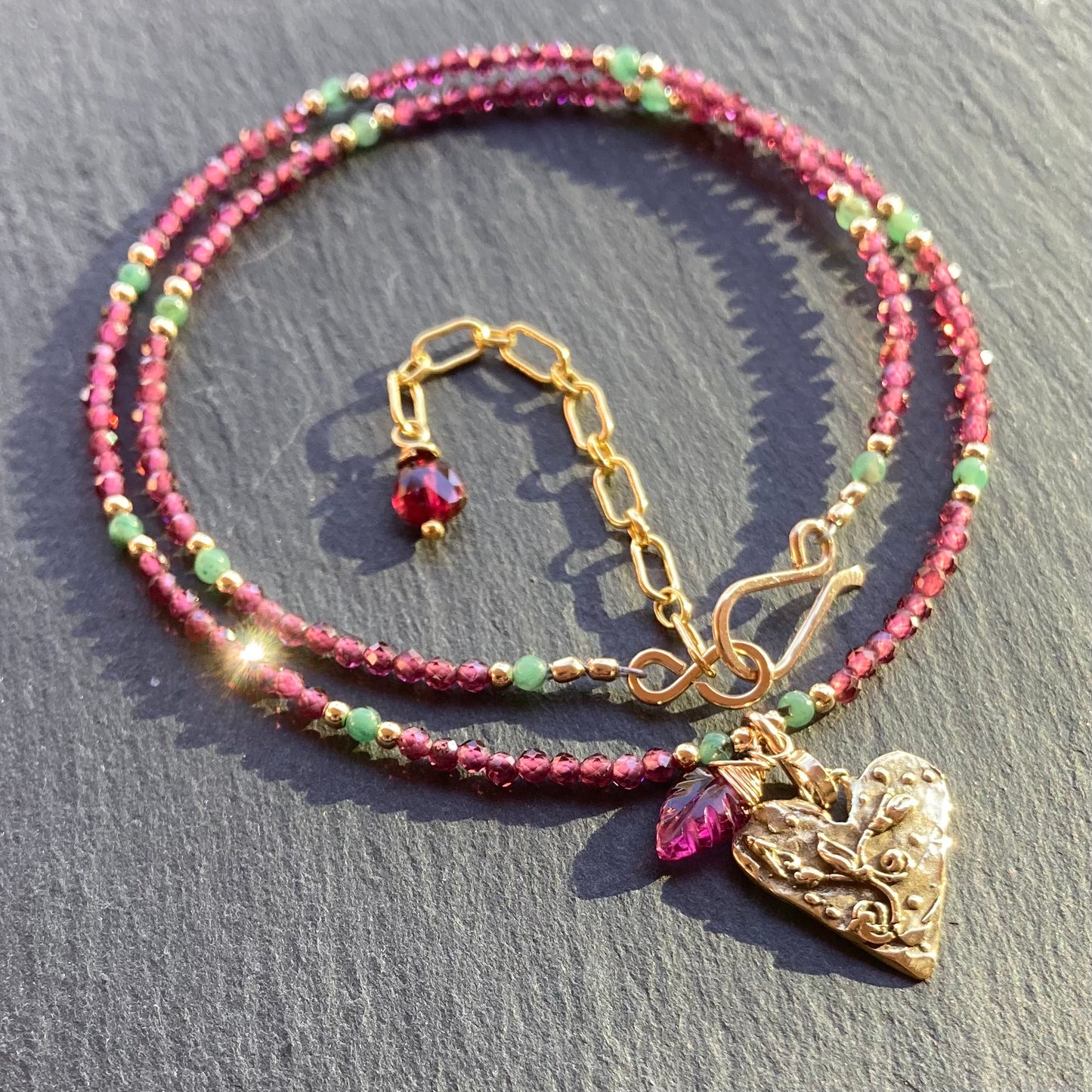 Rhodolite Garnet, Emerald, Gold & Bronze Heart Pendant Choker