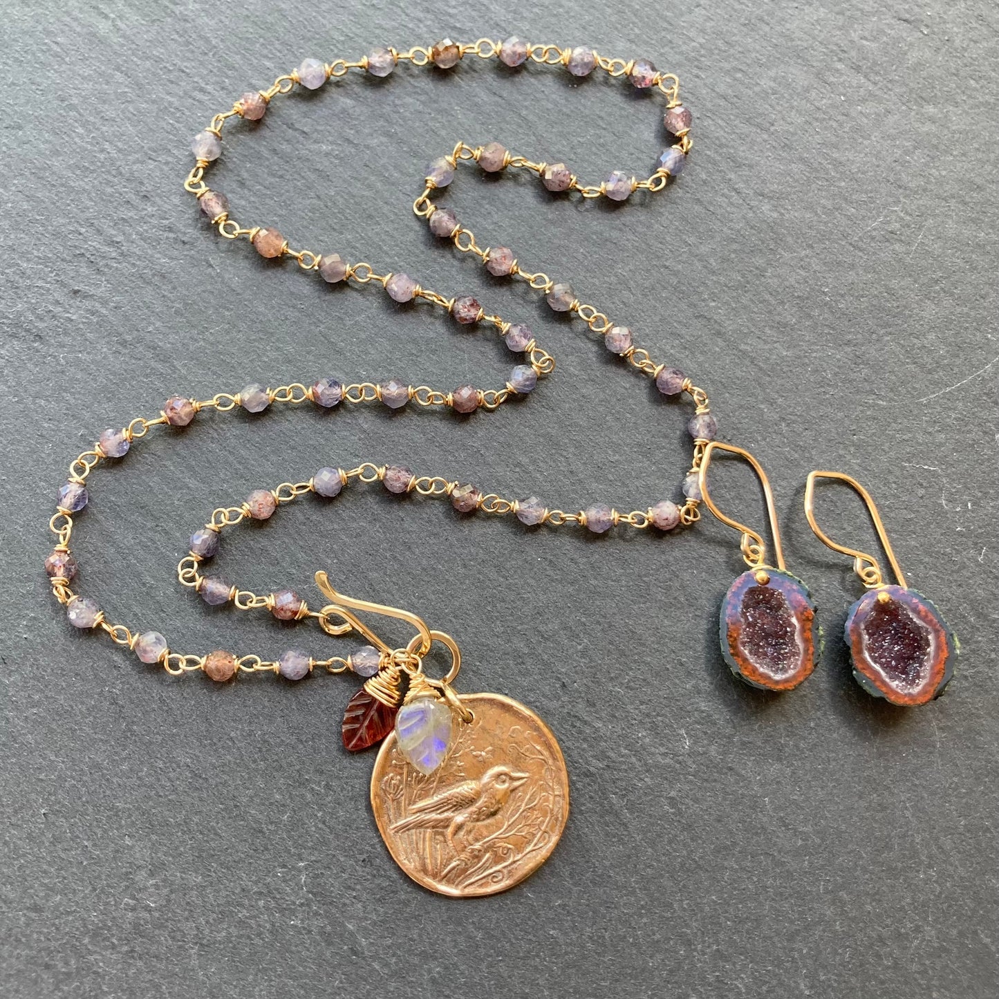 Red Druzy Tabasco Geode & Gold Earrings