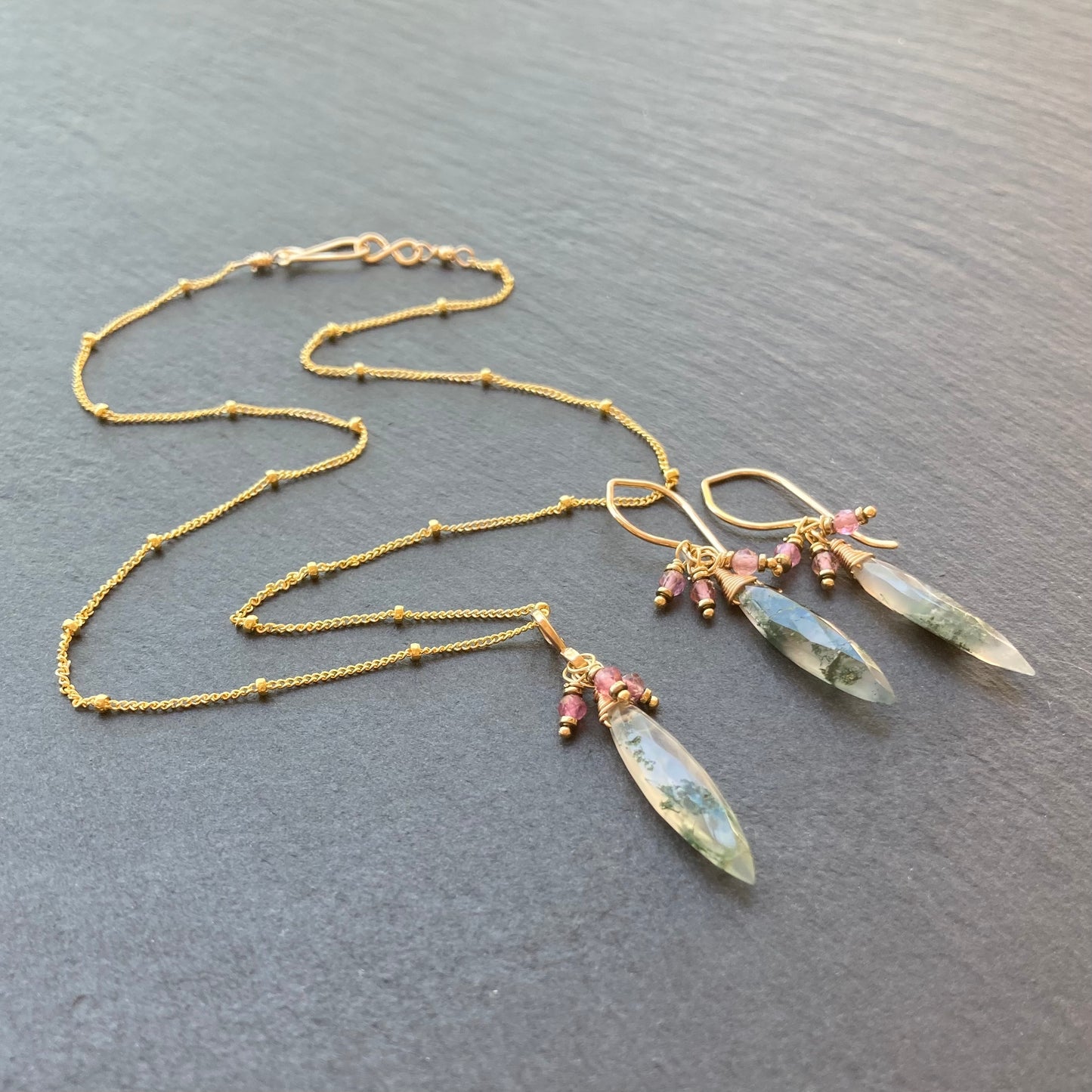 Moss Agate, Pink Tourmaline & Gold Marquis Earrings