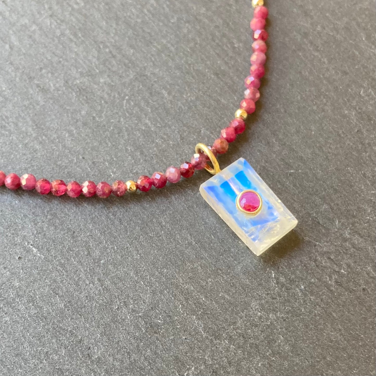 Rubelite Tourmaline & Rainbow Moonstone Pendant Necklace
