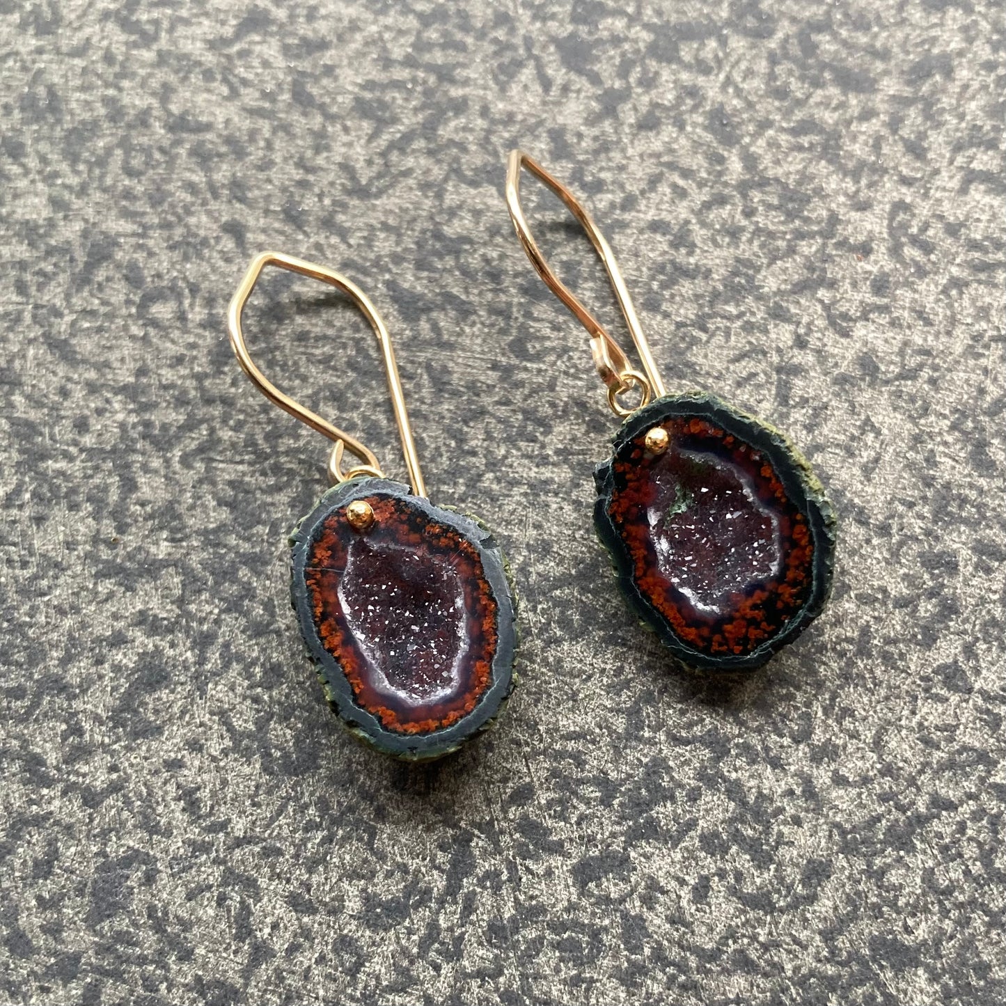 Red Druzy Tabasco Geode & Gold Earrings