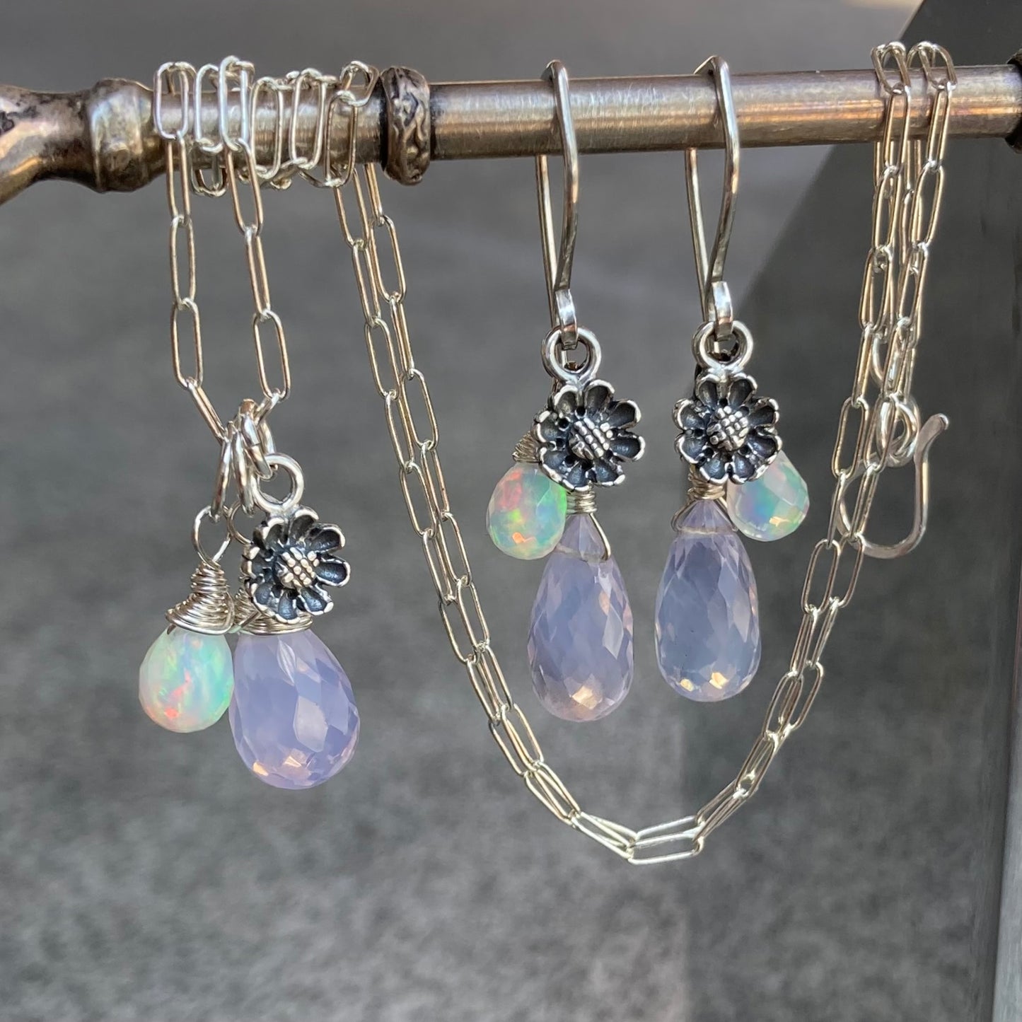 Scorolite, Ethiopian Opal & Sterling Silver Cherry Blossom Charm Necklace