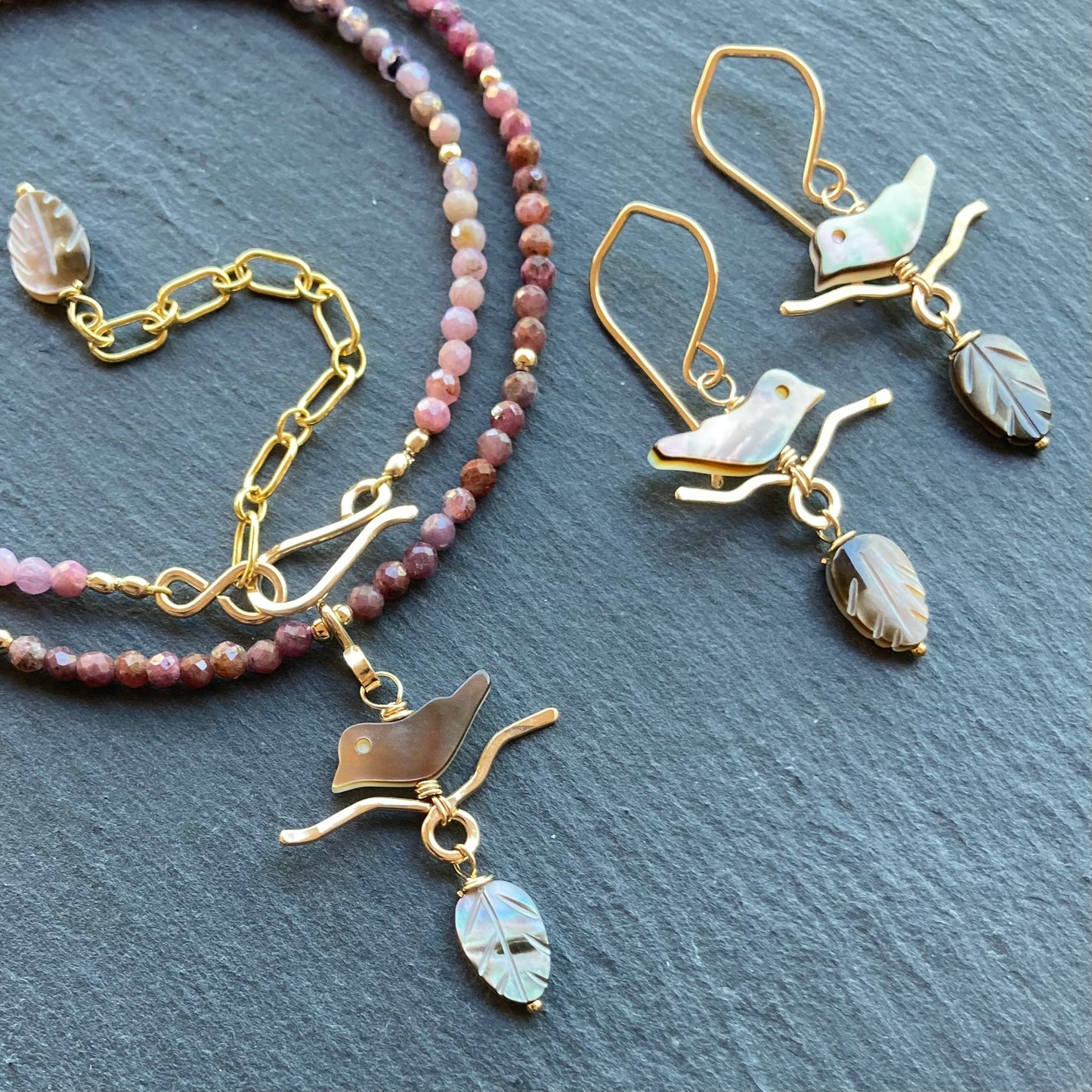 Black Mother of Pearl, Natural Ruby & Gold Autumn Branches Choker