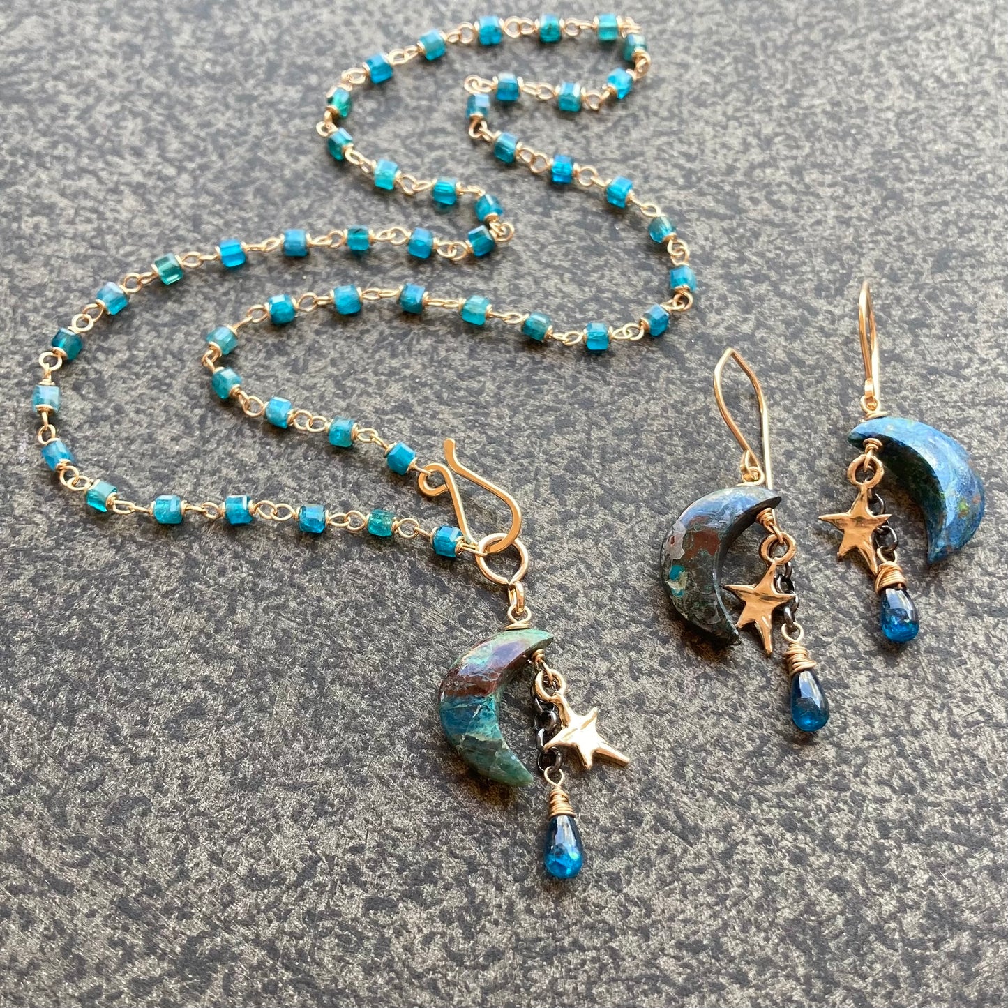Chrysocolla, Neon Blue Kyanite & Mixed Metal Starry Night Cascade Earrings