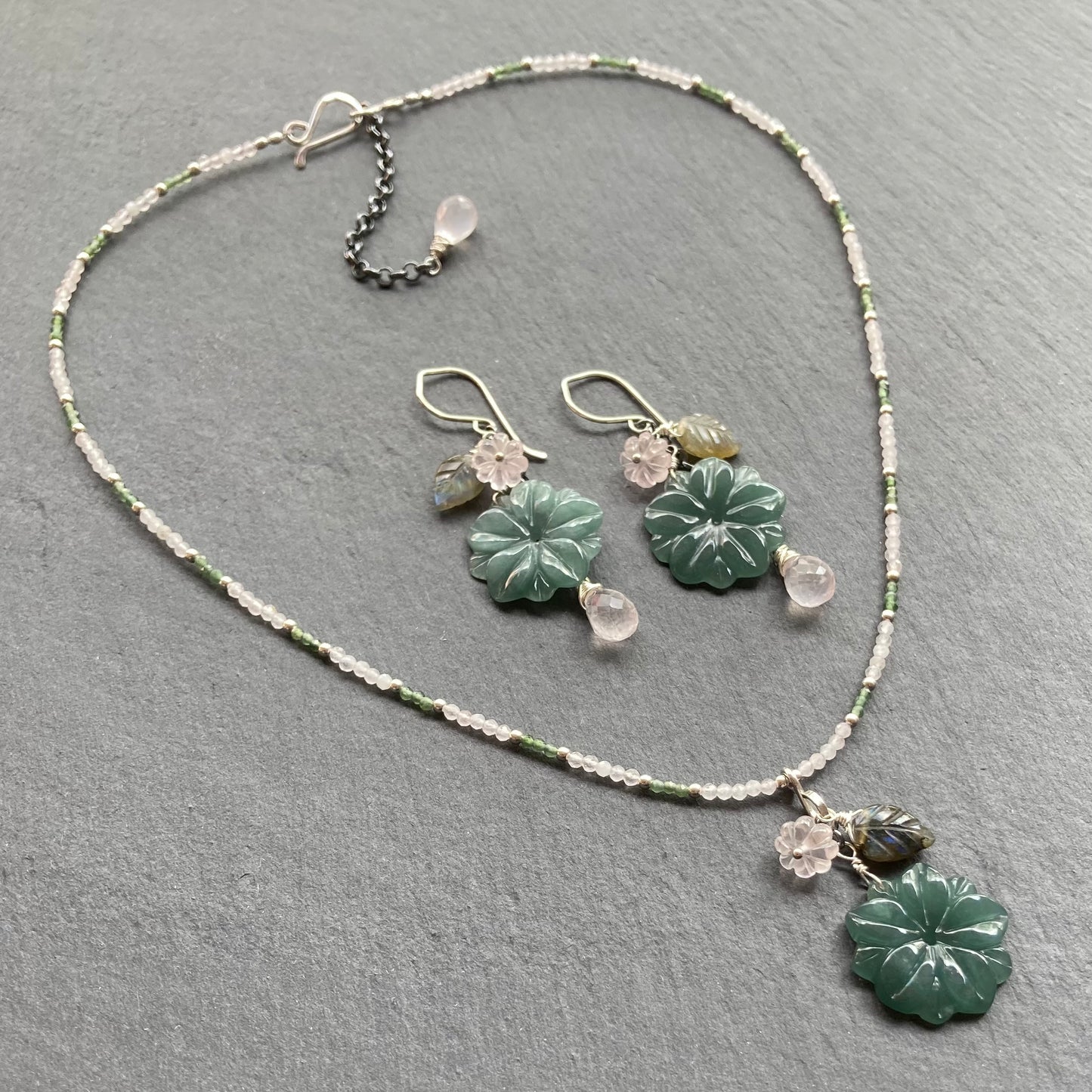 Rose Quartz, Sterling Silver & Guatemalan Jade Winter Succulent Necklace