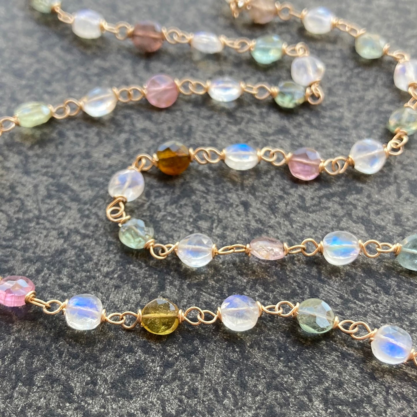 Rainbow Moonstone, Multicolor Tourmaline & Gold Necklace