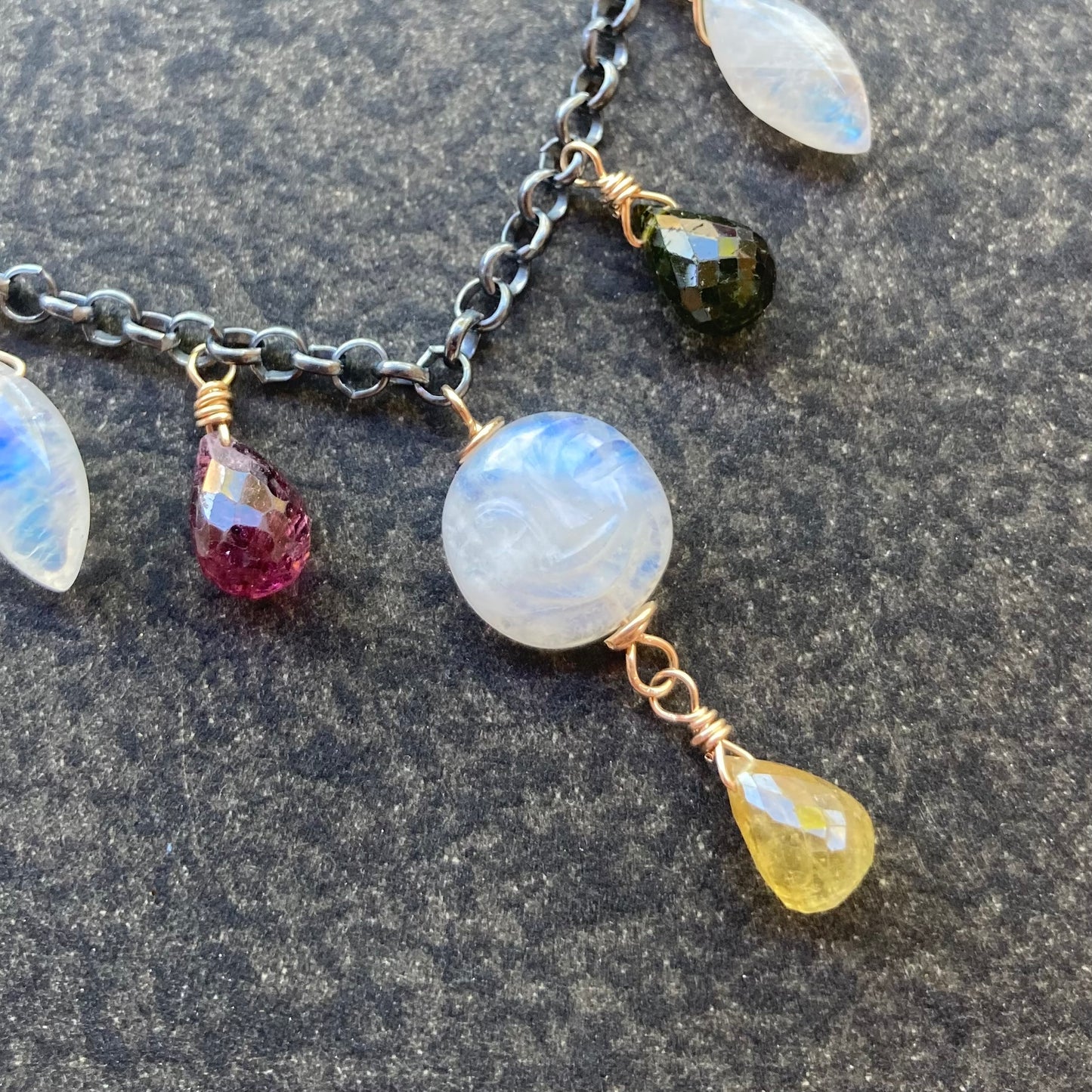 Rainbow Moonstone, Multicolor Tourmaline & Mixed Metal Full Moon Charm Choker
