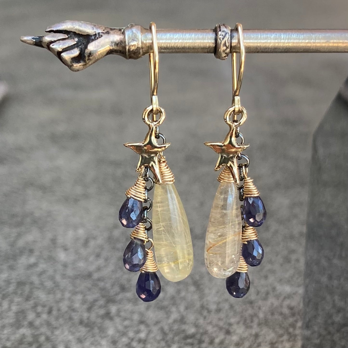 Golden Rutilated Quartz, Iolite & Mixed Metal Autumn Sky Cascade Earrings