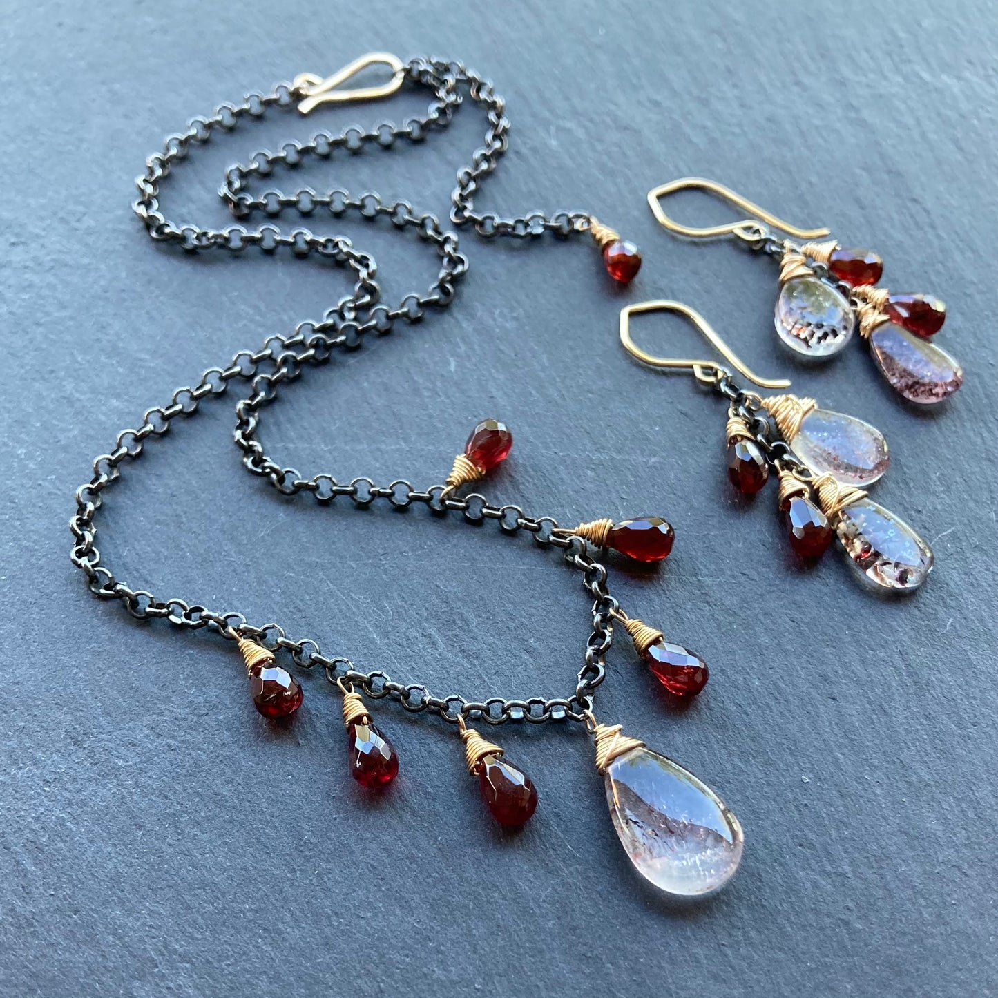 Lepidocrocite, Mozambique Garnet & Mixed Metal Cascade Earrings