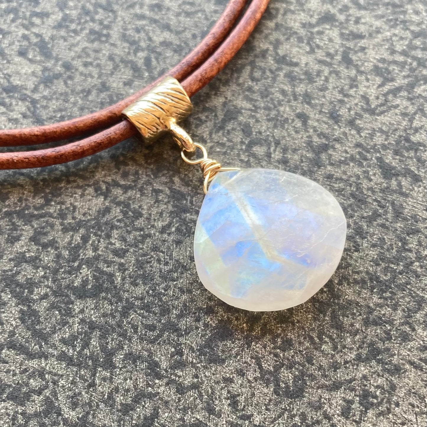 Rainbow Moonstone & Bronze Leather Choker
