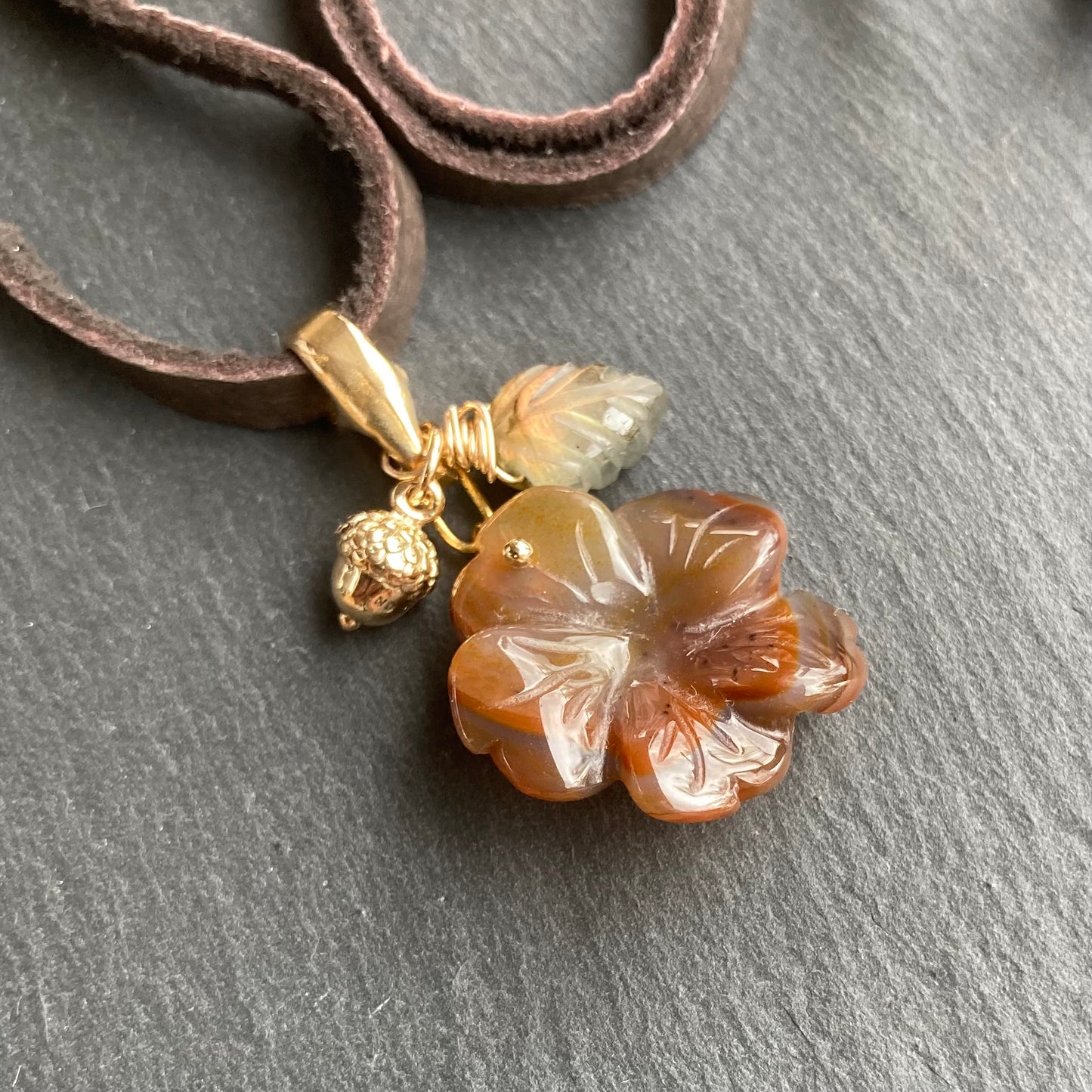 Carnelian & Bronze Autumn Bloom Deertan Leather Charm Choker