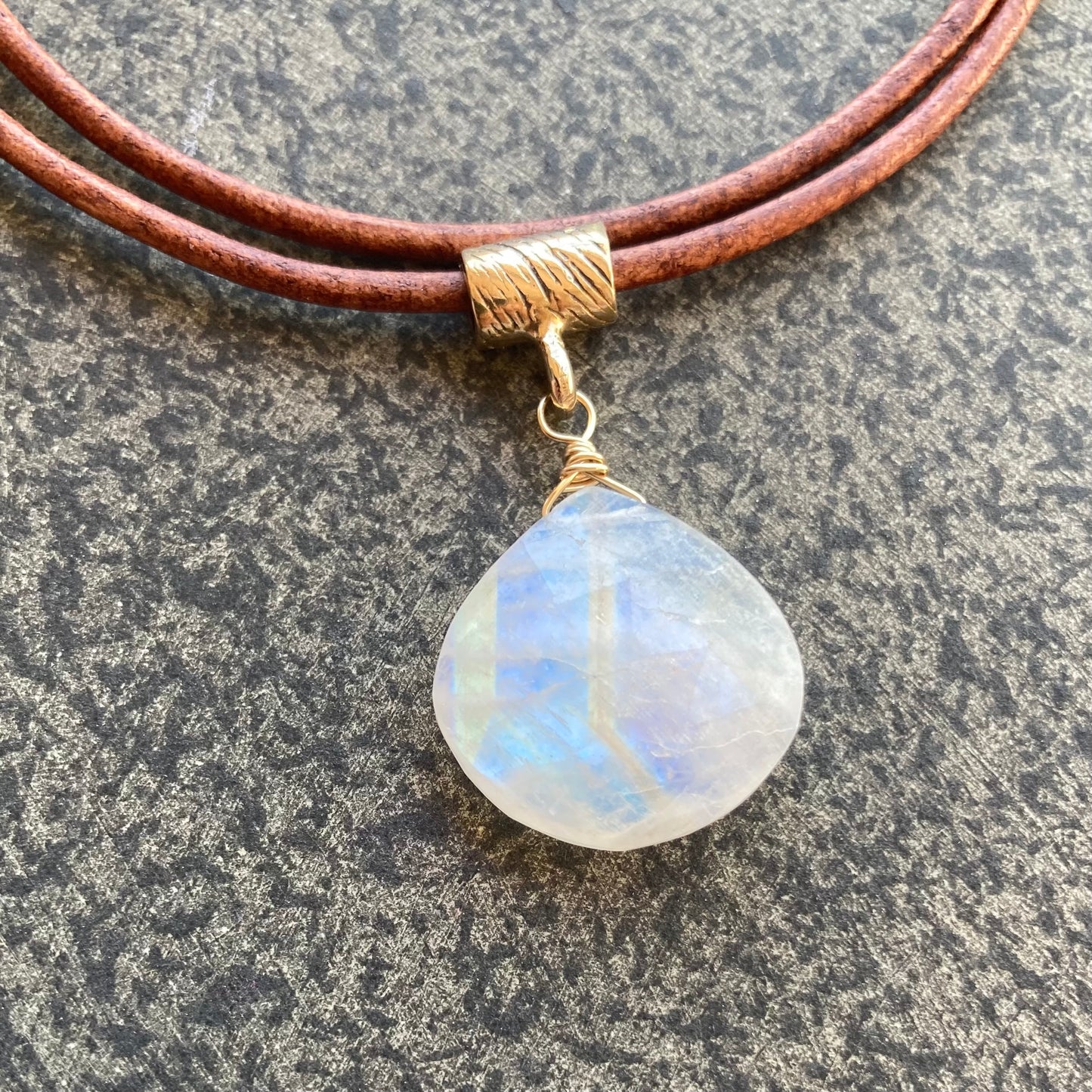 Rainbow Moonstone & Bronze Leather Choker