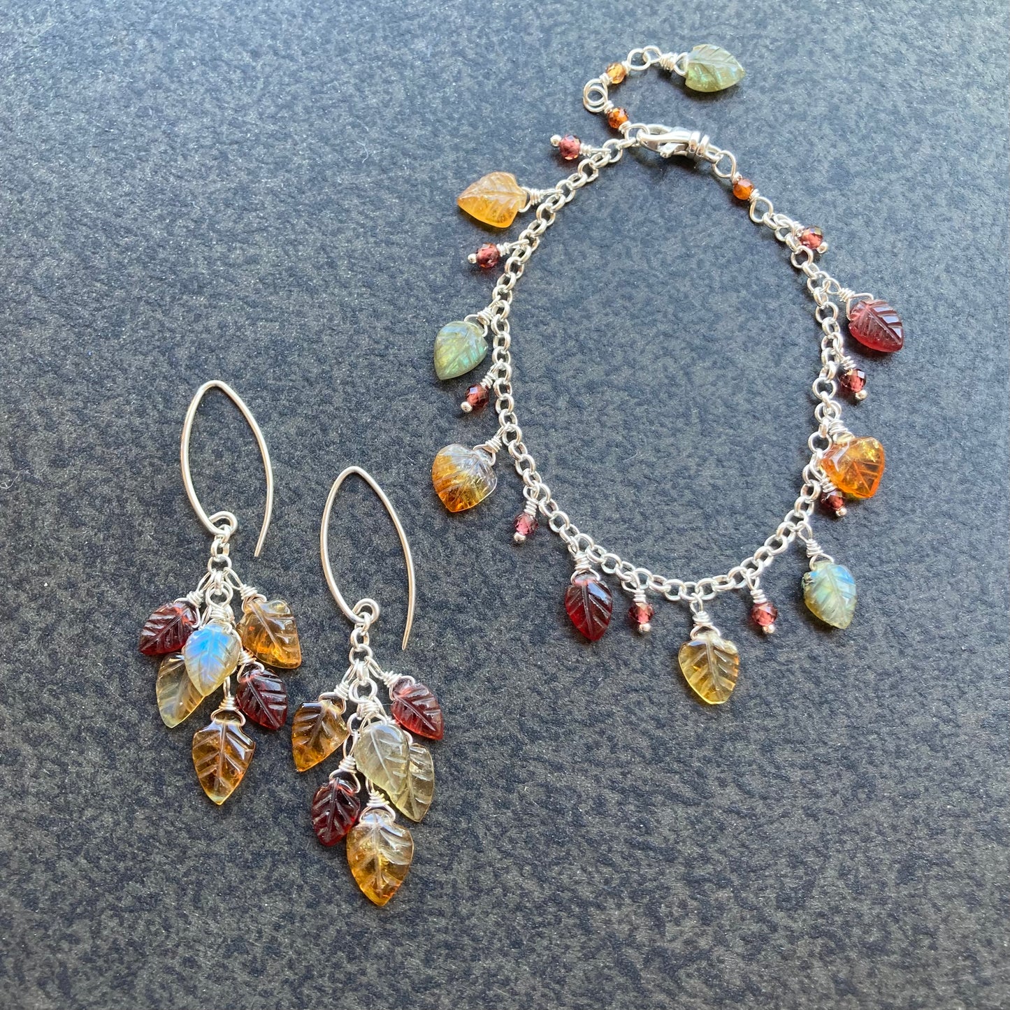Multi Gemstone & Sterling Silver Dancing Leaves Charm Bracelet