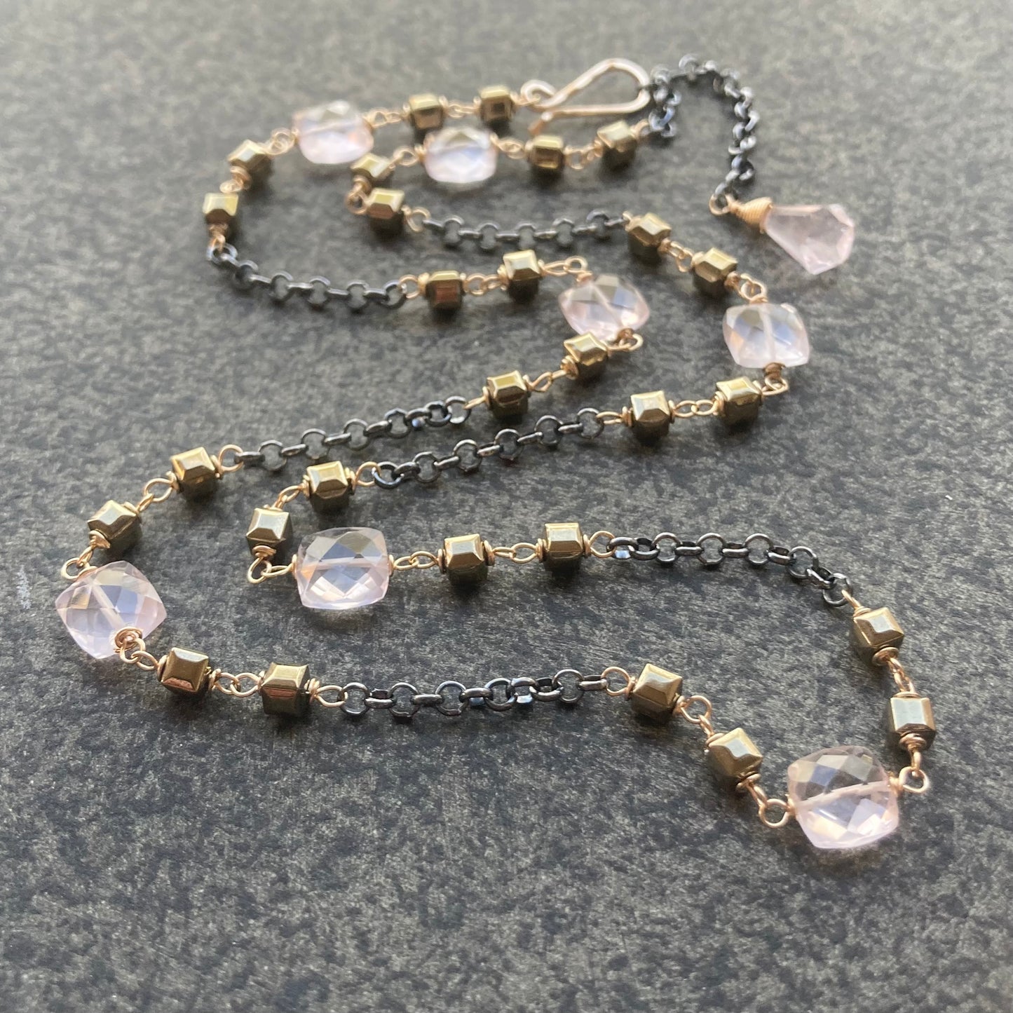 Rose Quartz, Pyrite & Mixed Metal Convertible Necklace