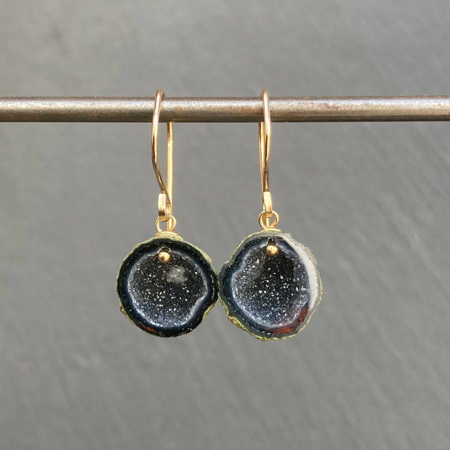 Black Druzy Tabasco Geode & Gold Earrings
