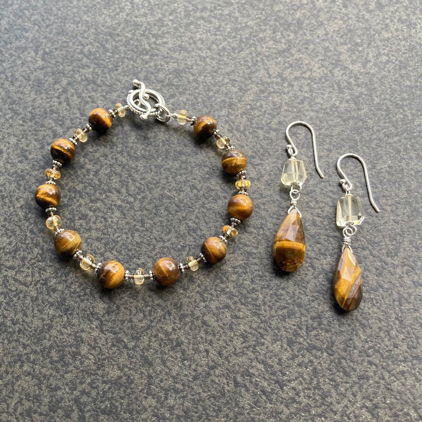 Golden Tiger Eye, Citrine & Sterling Silver Earrings