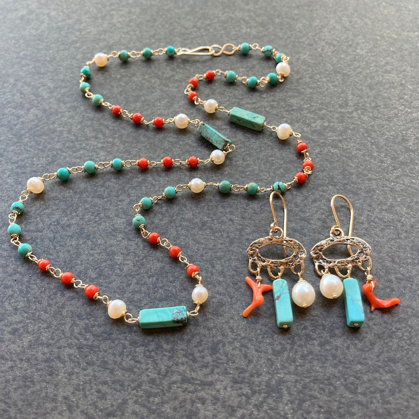 Natural Coral, Turquoise, Freshwater Pearl & Gold Necklace