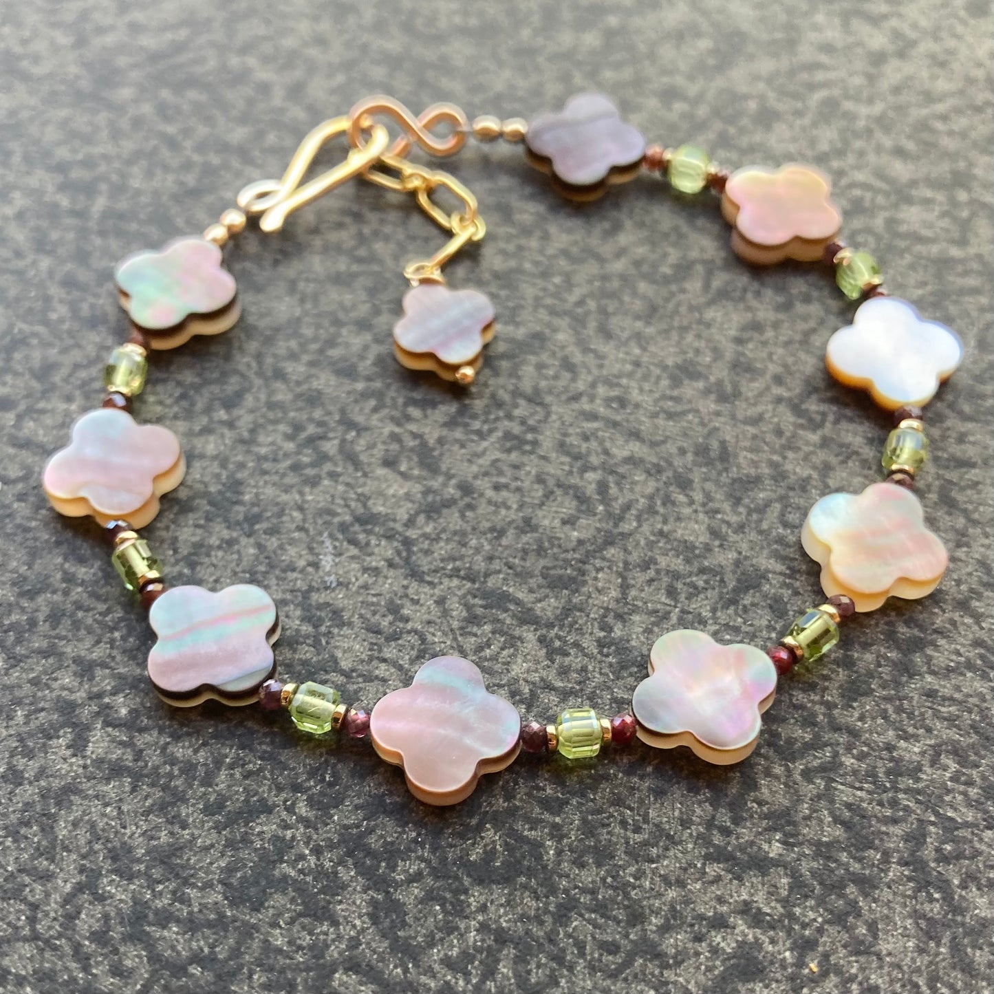 Black Mother of Pearl, Peridot, Ruby & Gold Clover Bracelet