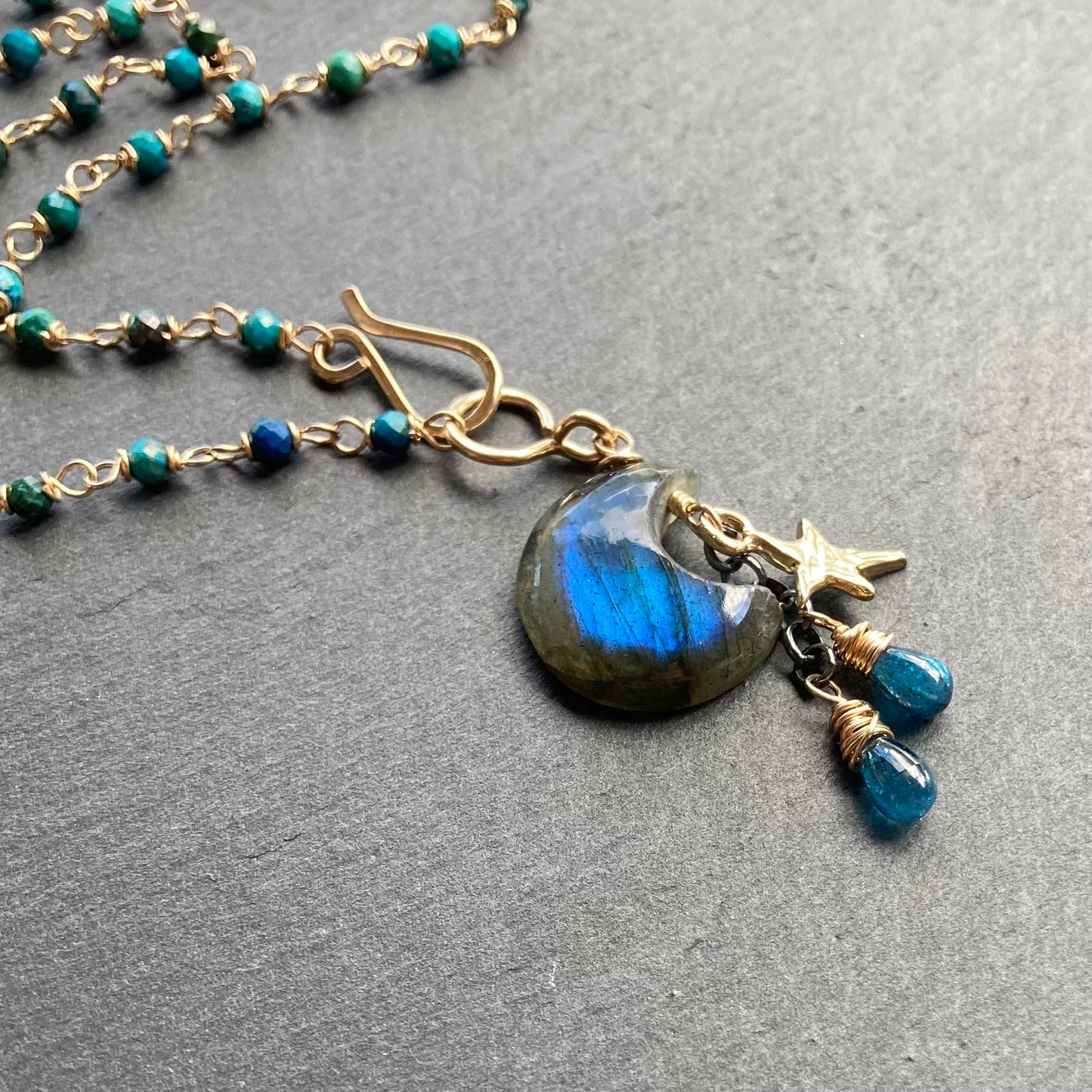 Chrysocolla, Gold & Labradorite Moonglow Charm Necklace