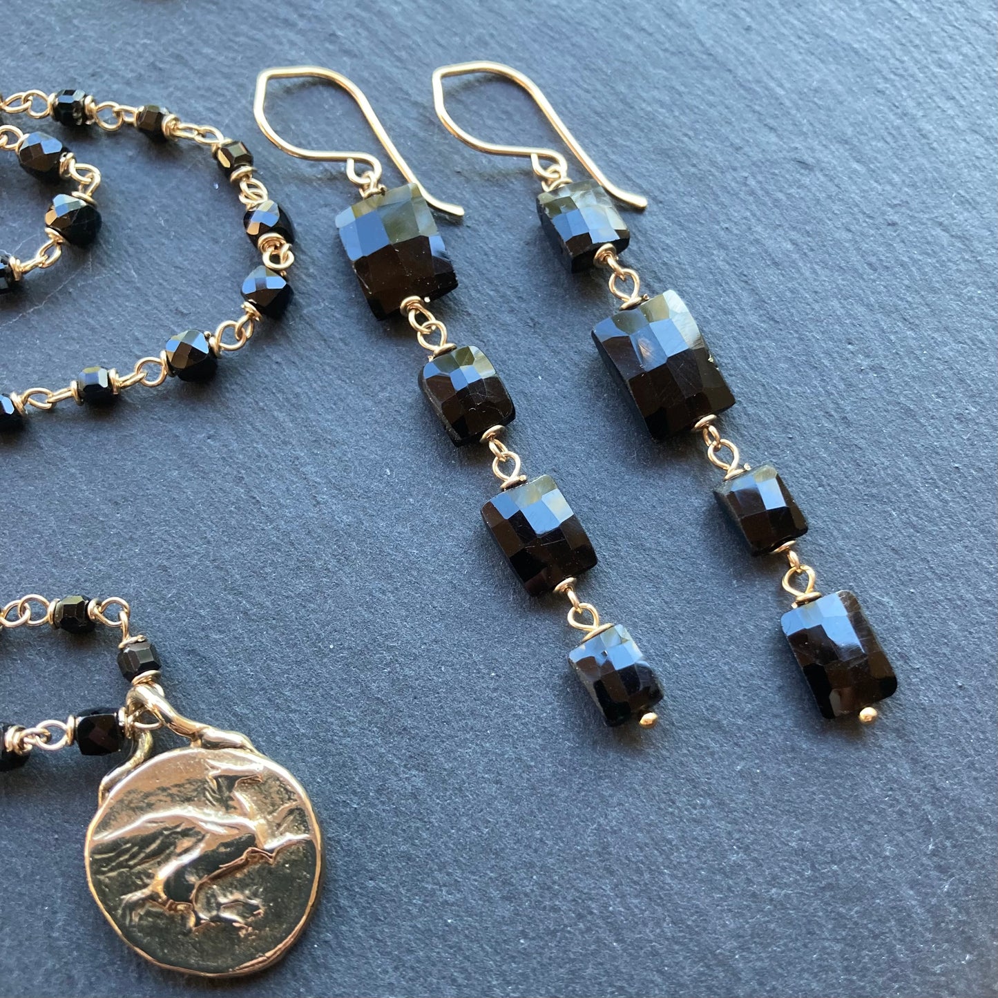 Black Spinel, Gold & Bronze Pegasus & Athena Stater Coin Necklace