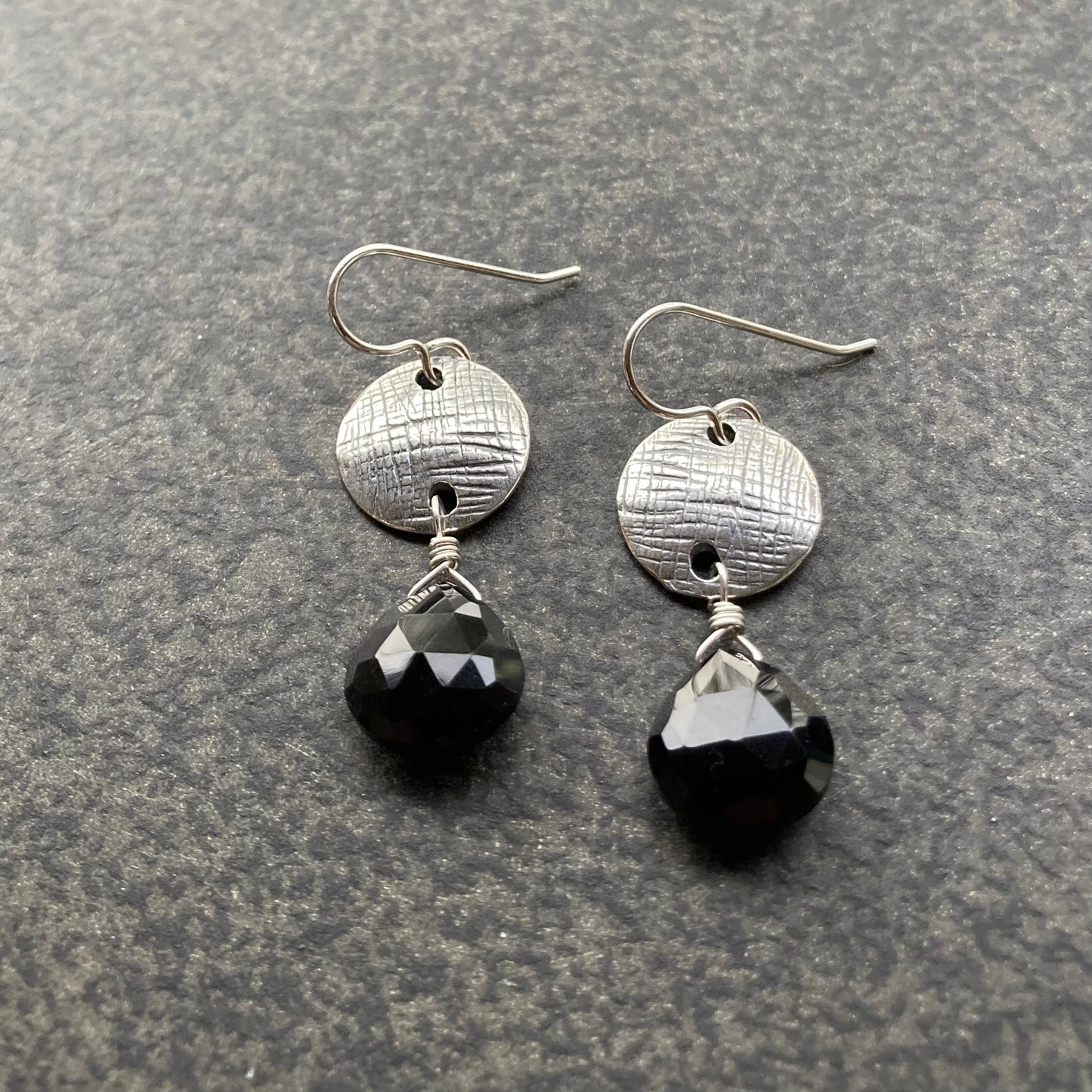 Black Onyx & Sterling Silver Artisan Coin Earrings