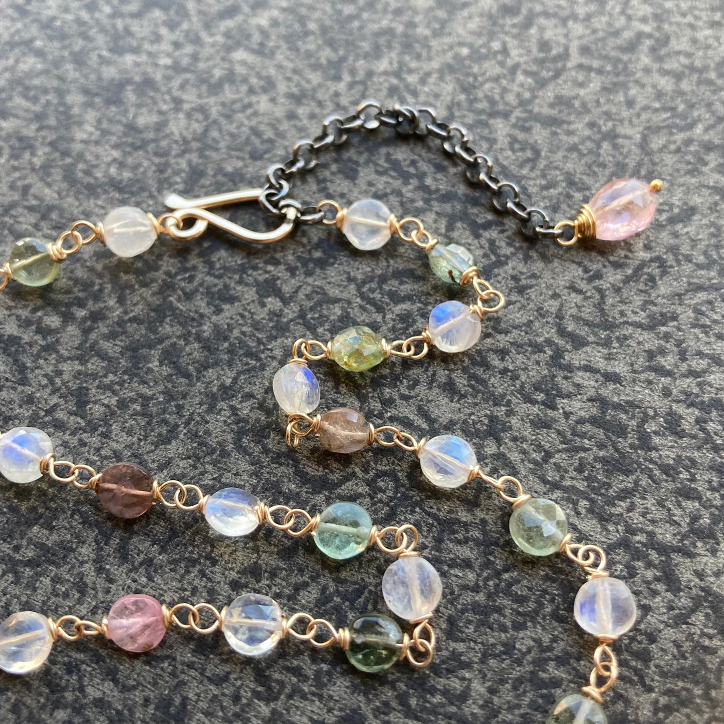Rainbow Moonstone, Multicolor Tourmaline & Gold Necklace