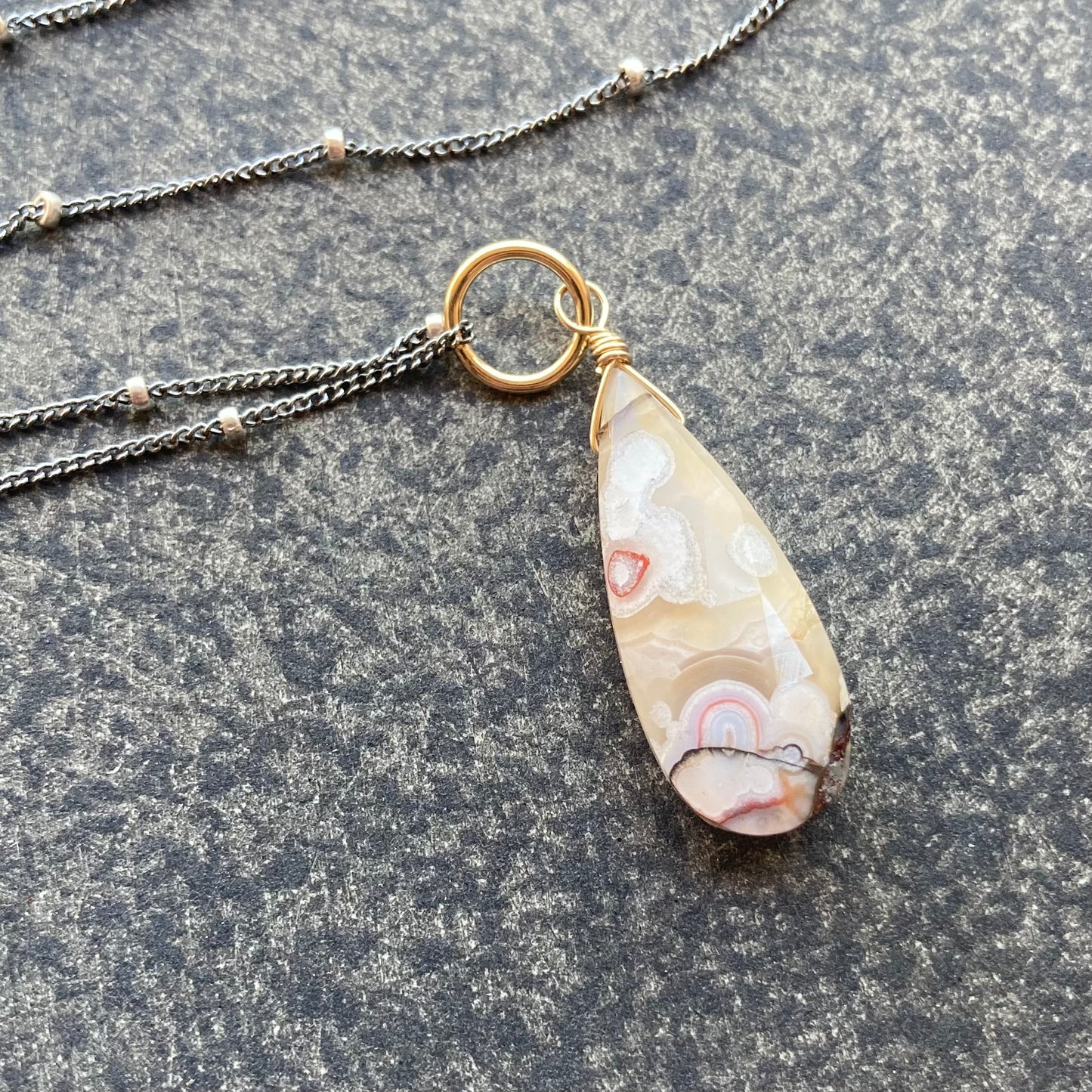 Crazy Lace Agate & Mixed Metal Pendant Necklace