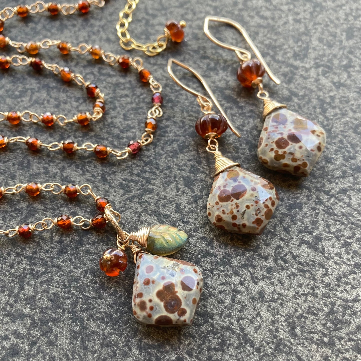 Hessonite Garnet & Gold Asteroid Jasper Pendant Garden Charm Necklace