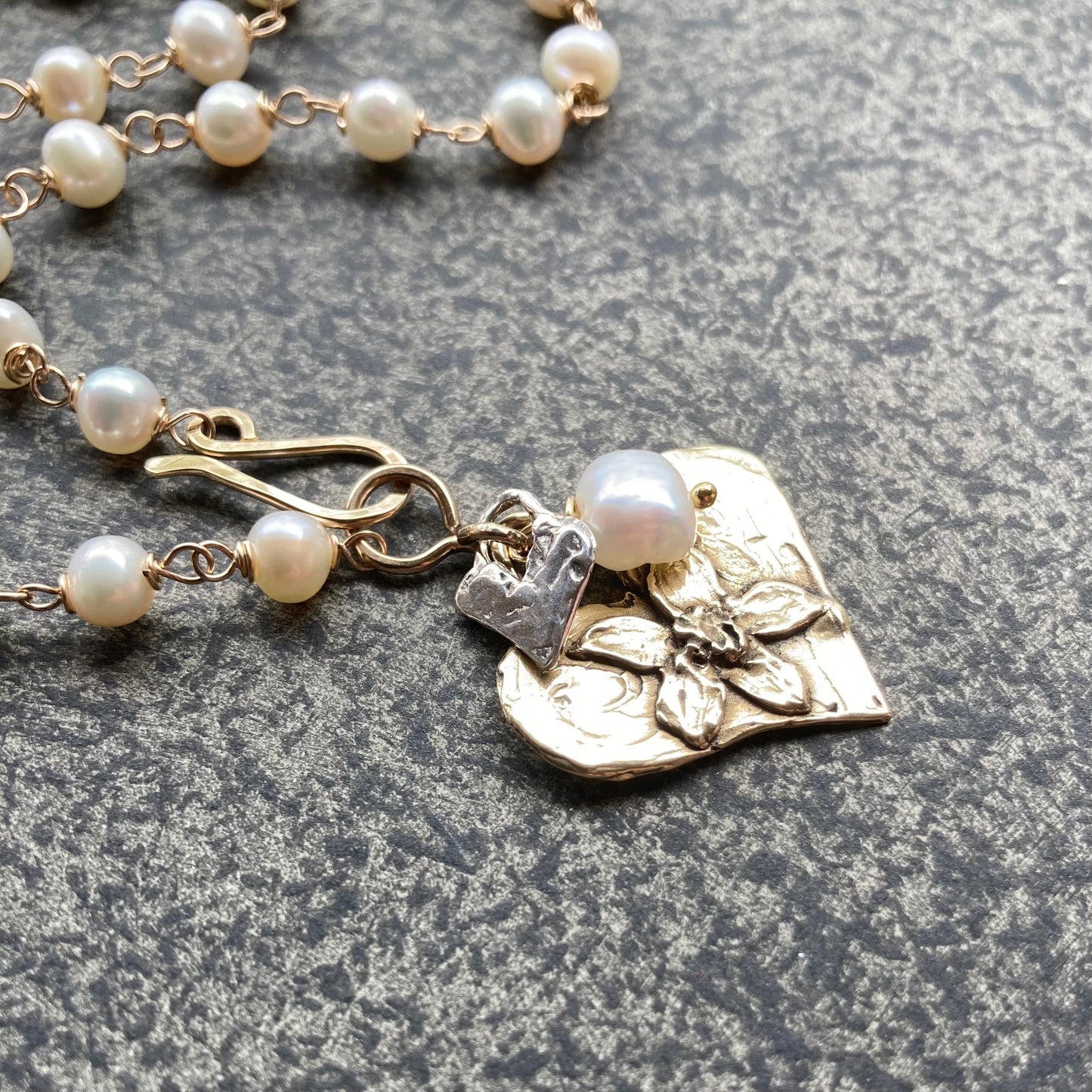 Vintage Freshwater Pearl & Mixed Metal Heart Charm Necklace