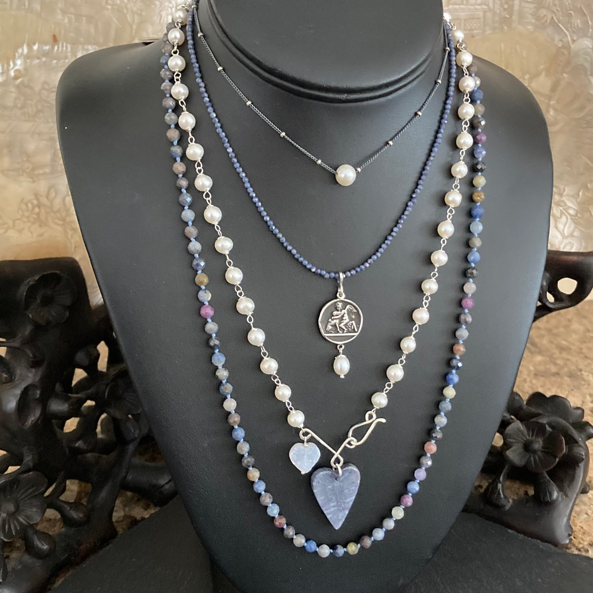 Sapphire, Freshwater Pearl & Sterling Silver Vintage Pendant Necklace