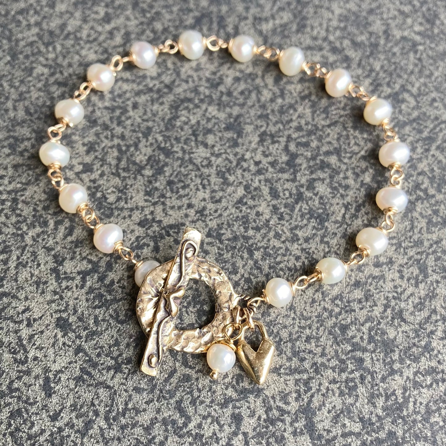 Freshwater Pearl, Gold & Bronze Heart Toggle Charm Bracelet