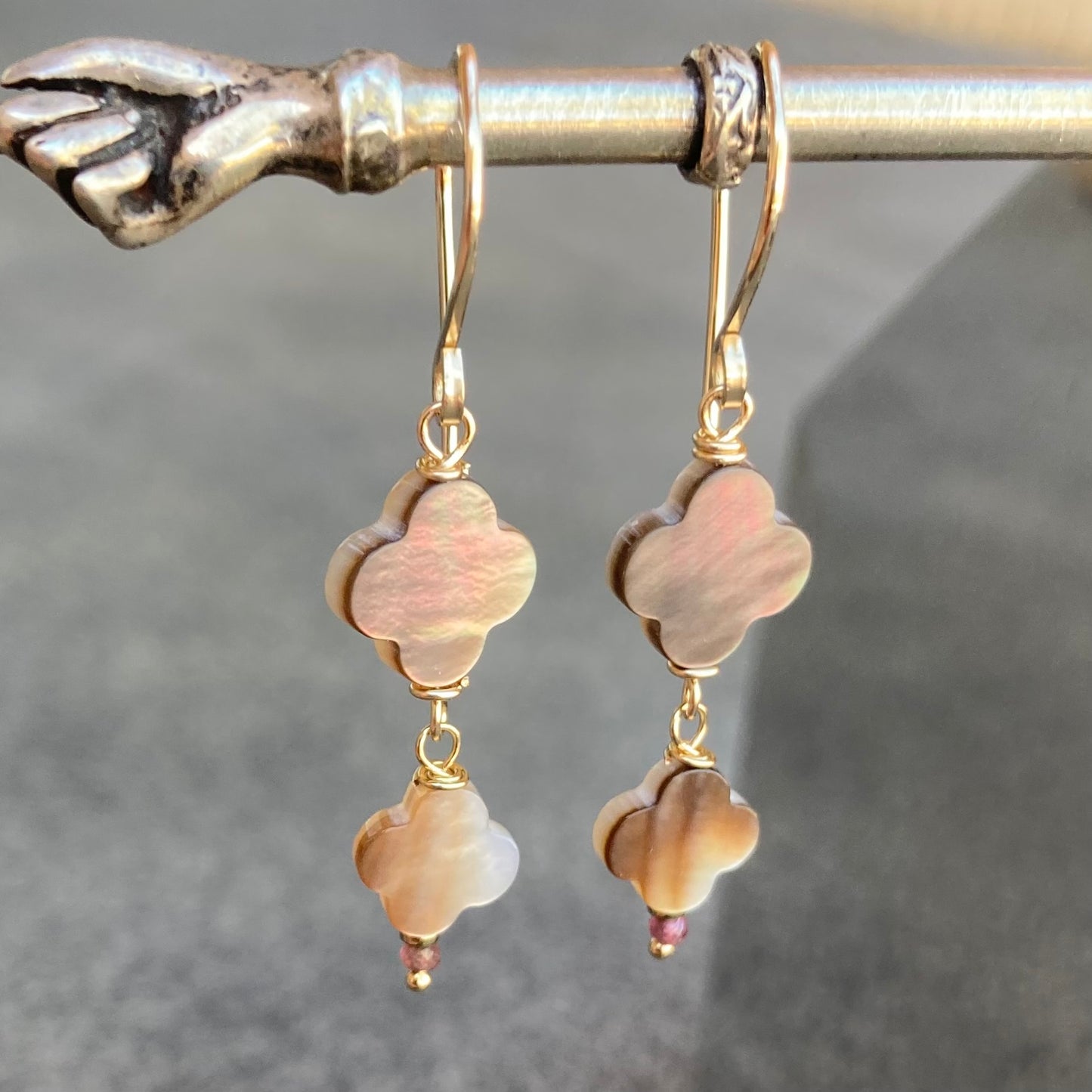 Black Mother of Pearl, Ruby & Gold Clover Earrings
