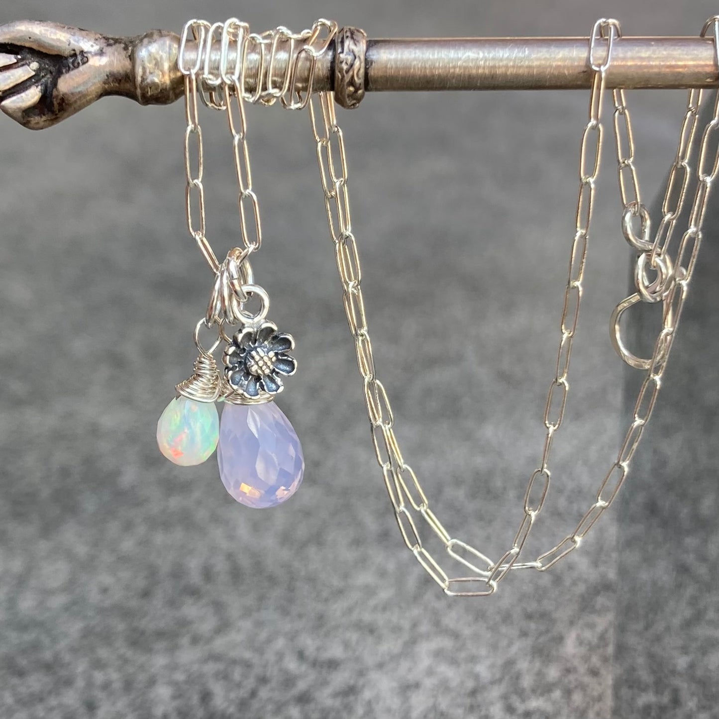 Scorolite, Ethiopian Opal & Sterling Silver Cherry Blossom Charm Necklace