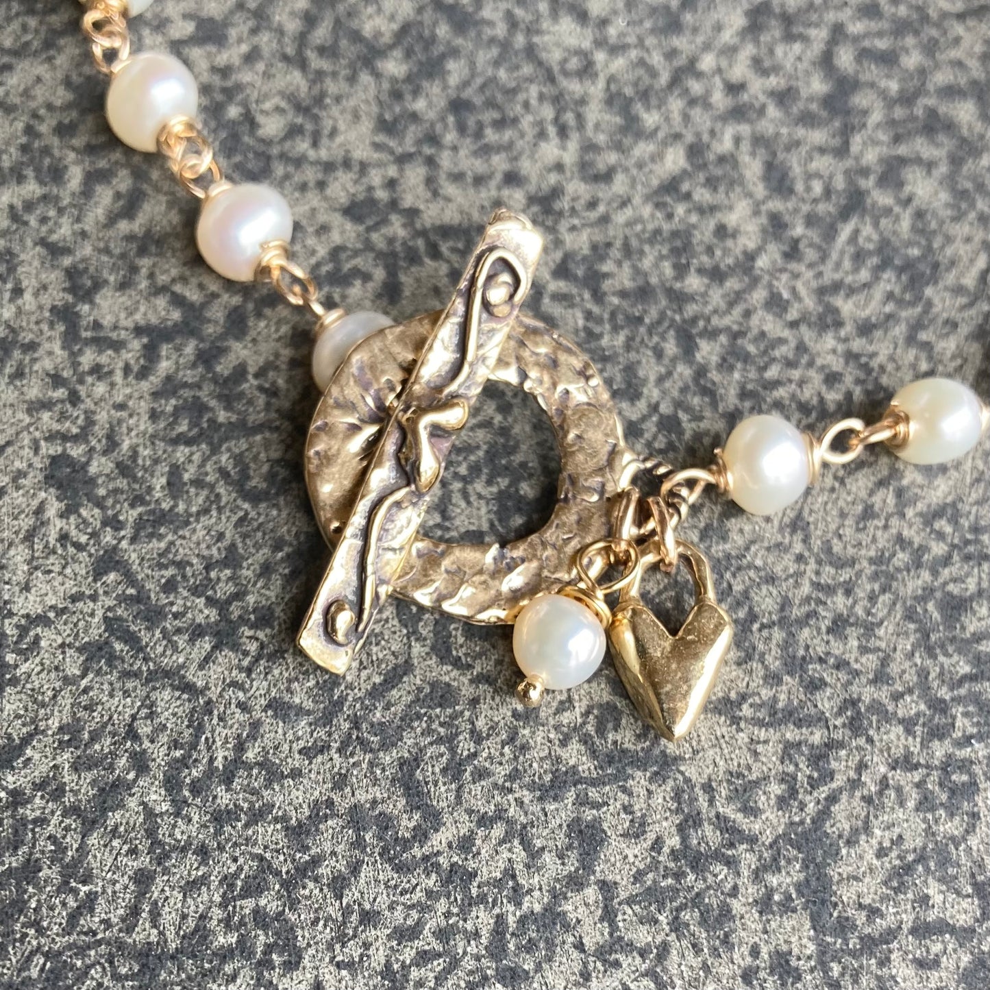 Freshwater Pearl, Gold & Bronze Heart Toggle Charm Bracelet