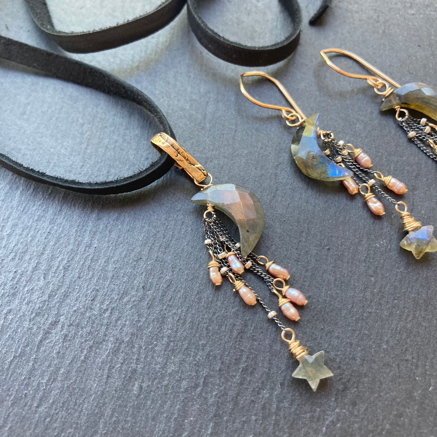 Labradorite, Mauve Pearl & Mixed Metal Falling Star Deerskin Leather Choker