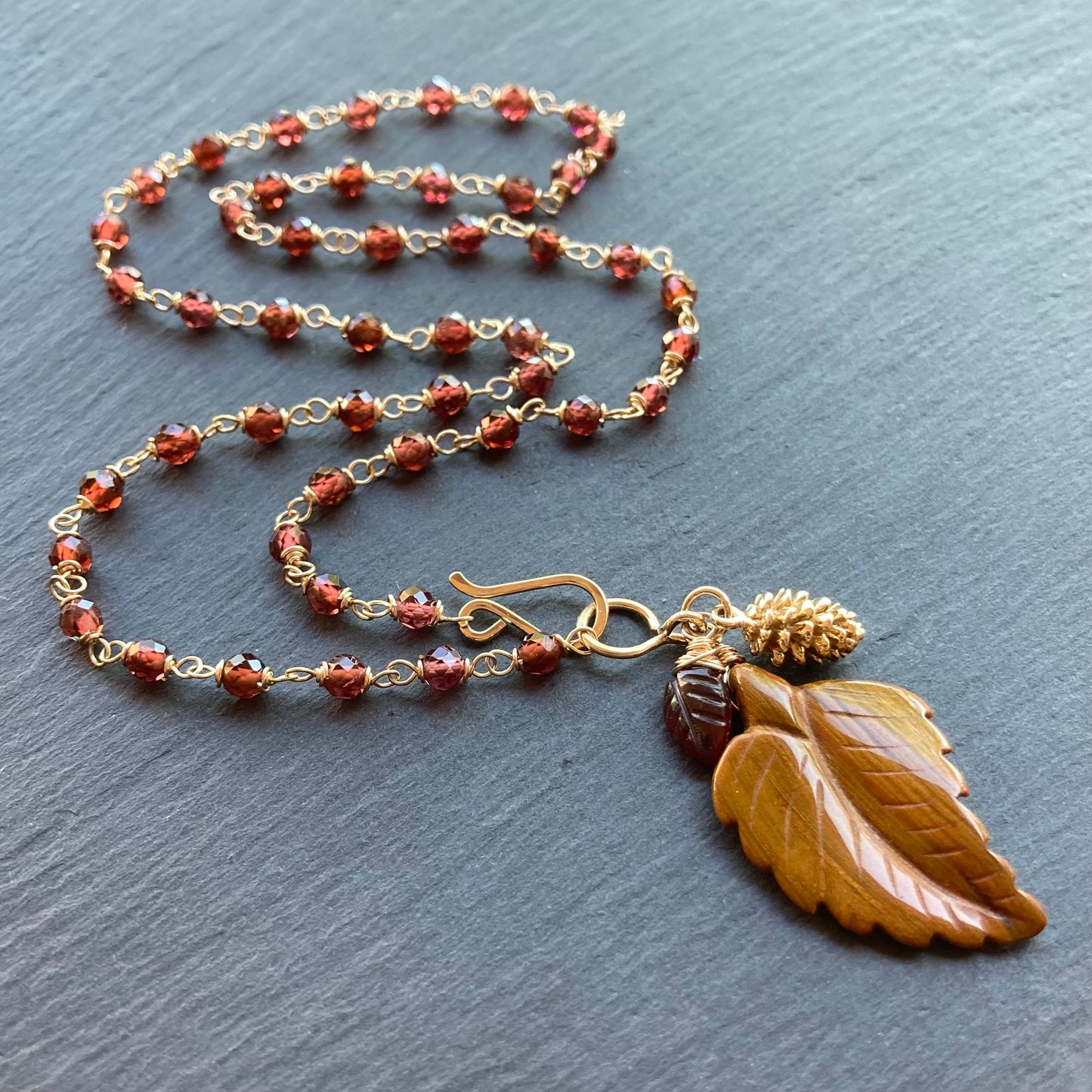 Malaya Garnet, Gold & Moroccan Agate Autumn Leaf Pendant Necklace