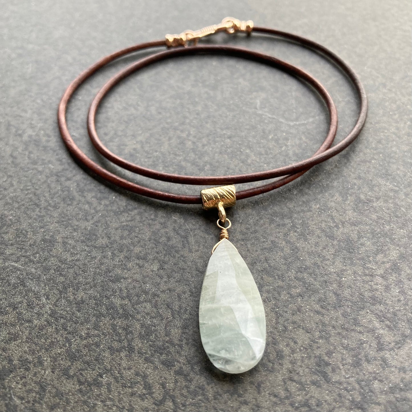Milky Aquamarine & Bronze Leather Choker